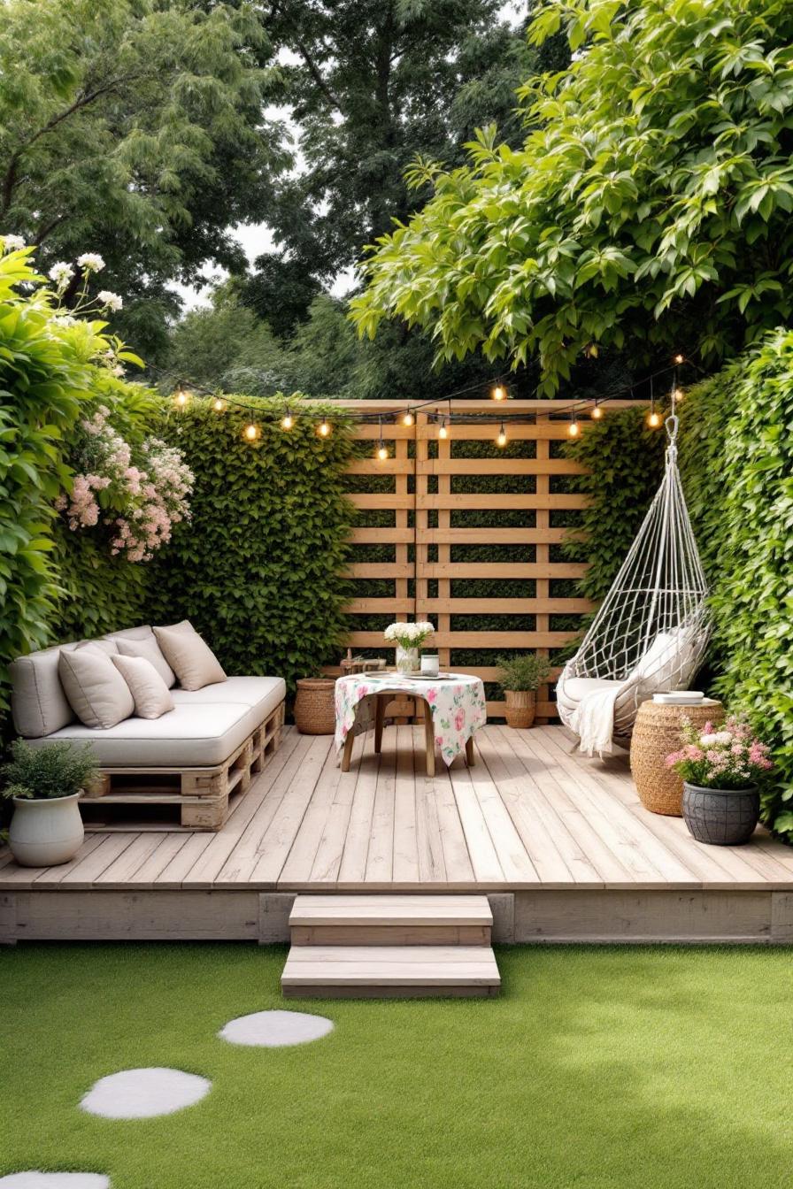 Cozy pallet deck with a sofa, table, and hammock in a lush garden