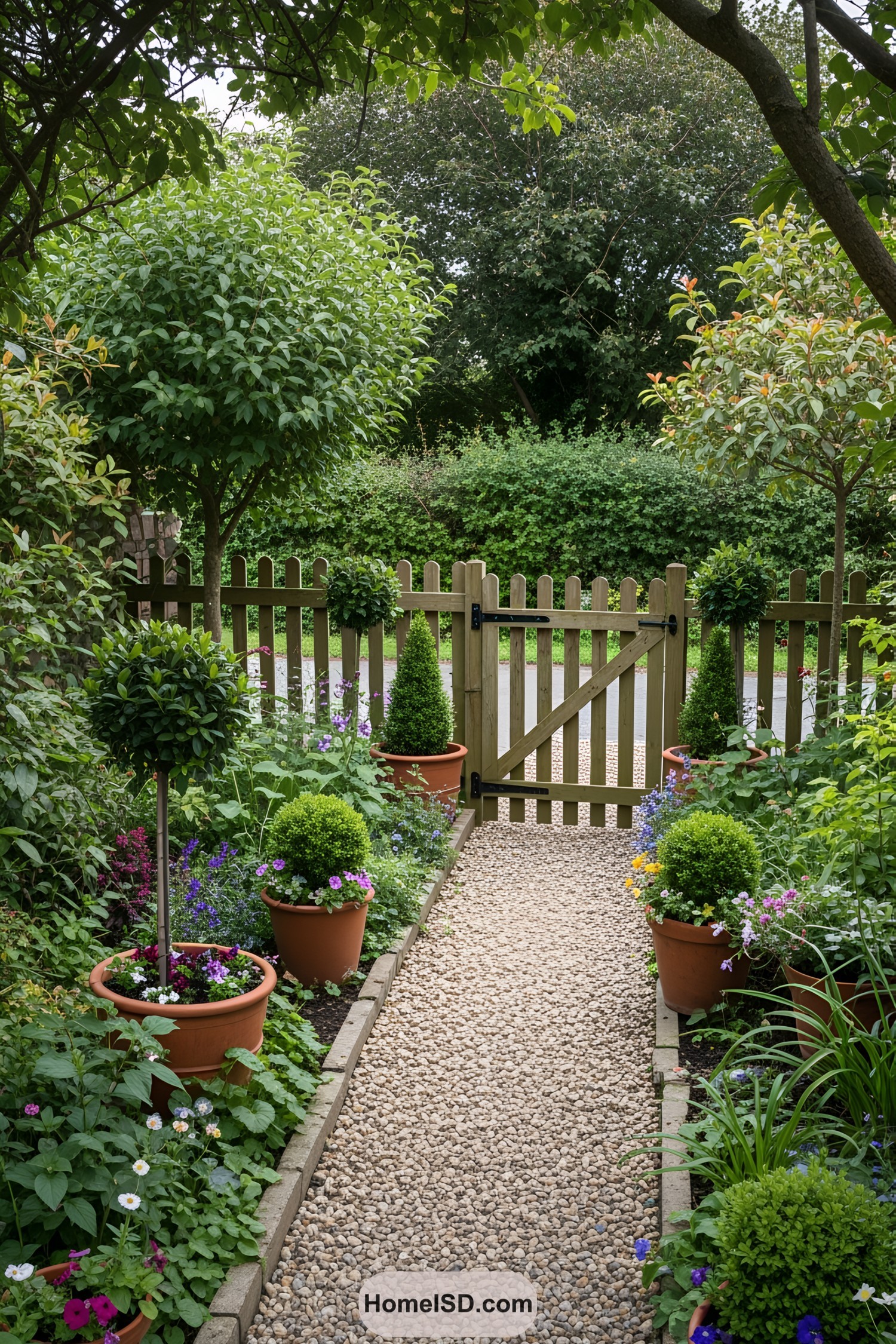 Charming garden with trees, flowers, and a pebble path