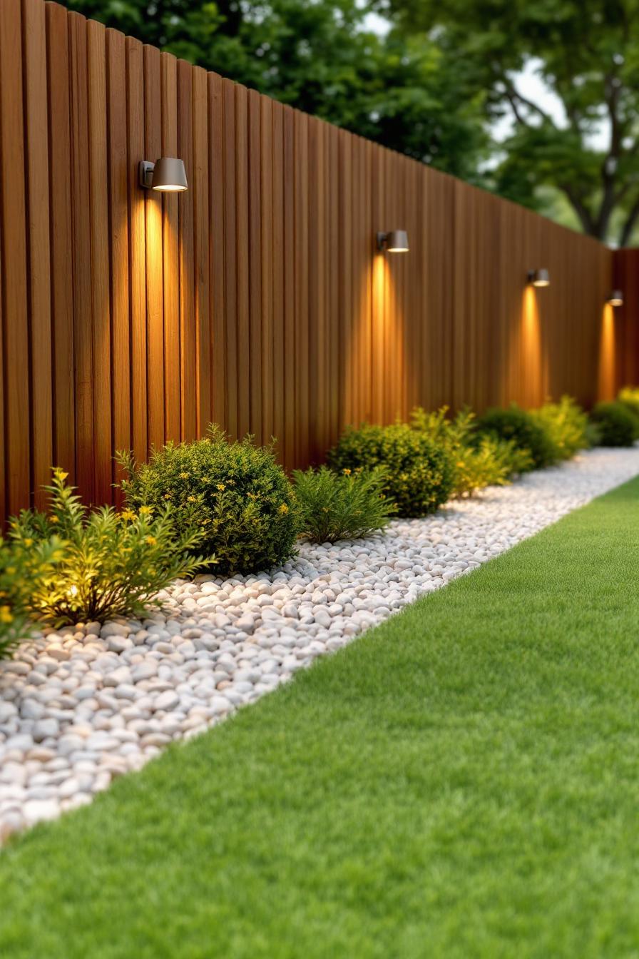 Modern garden design with pebble border and lights