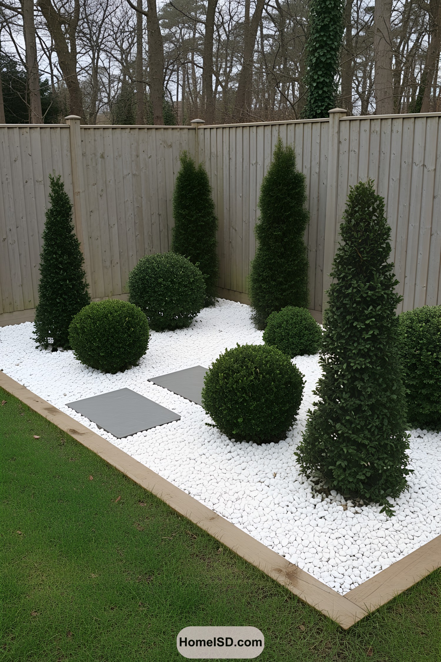 A garden corner with white stones and green topiary