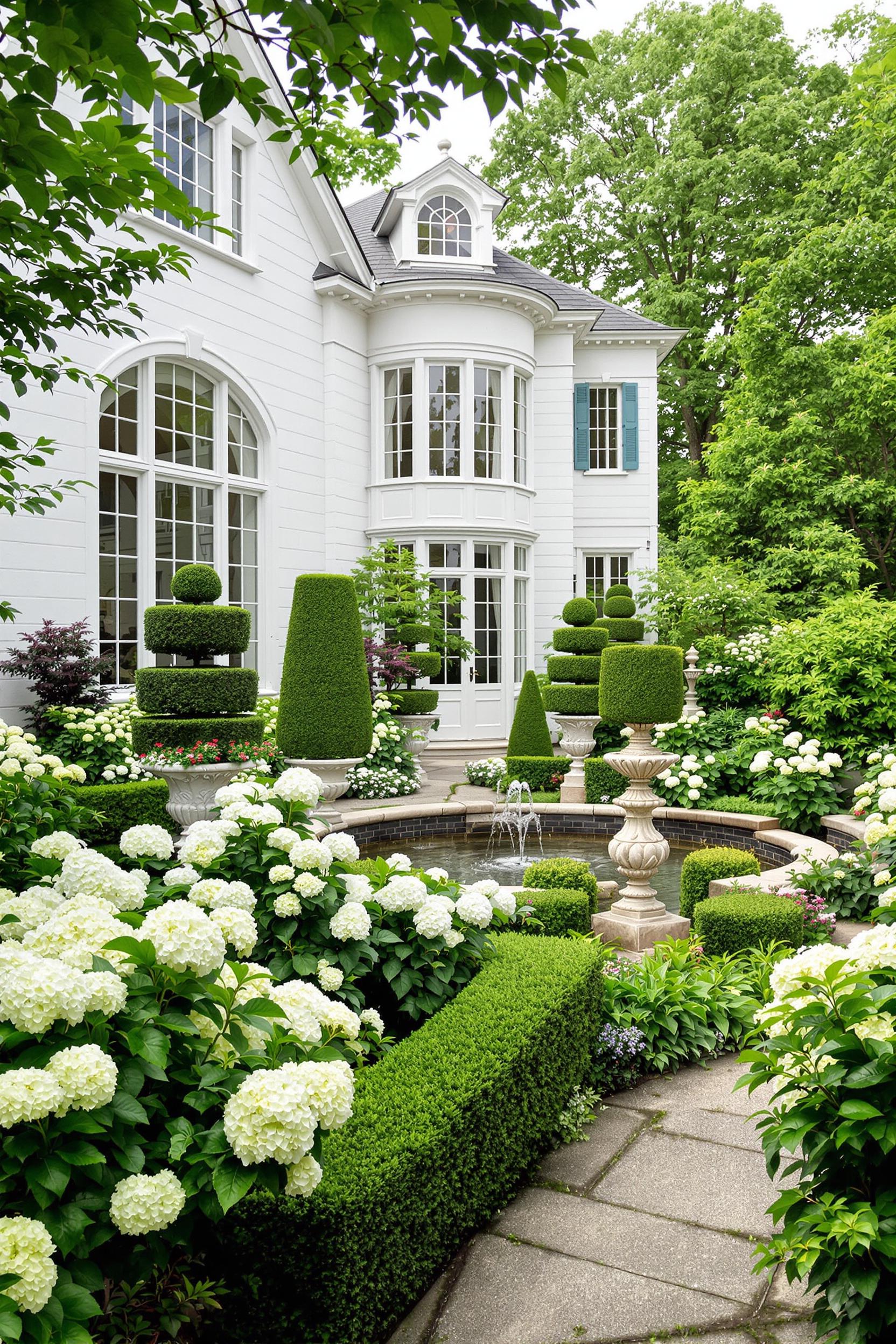 Manicured garden with topiaries and white hydrangeas