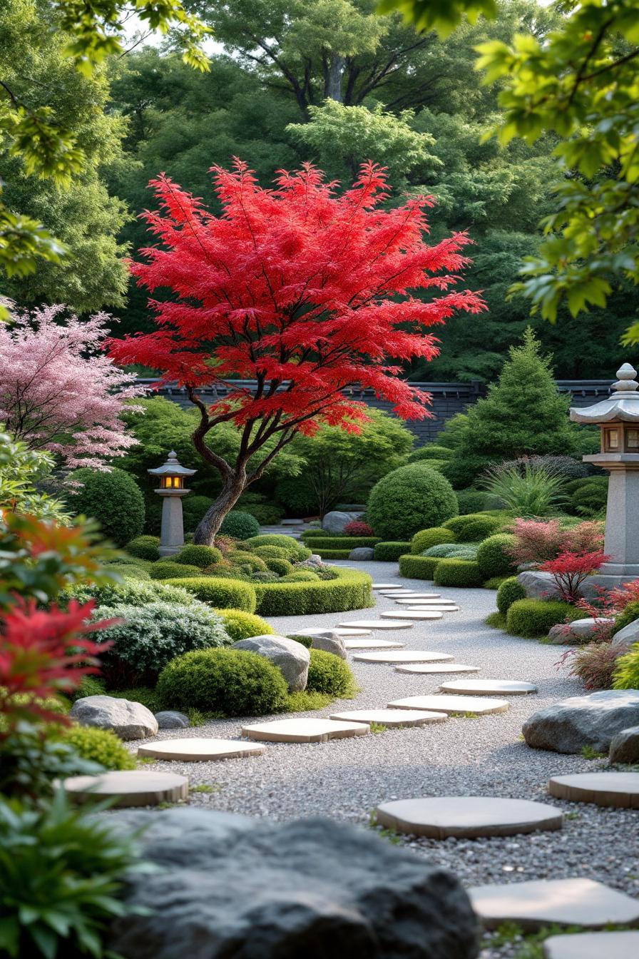Japanese maple and stone path in a lush garden
