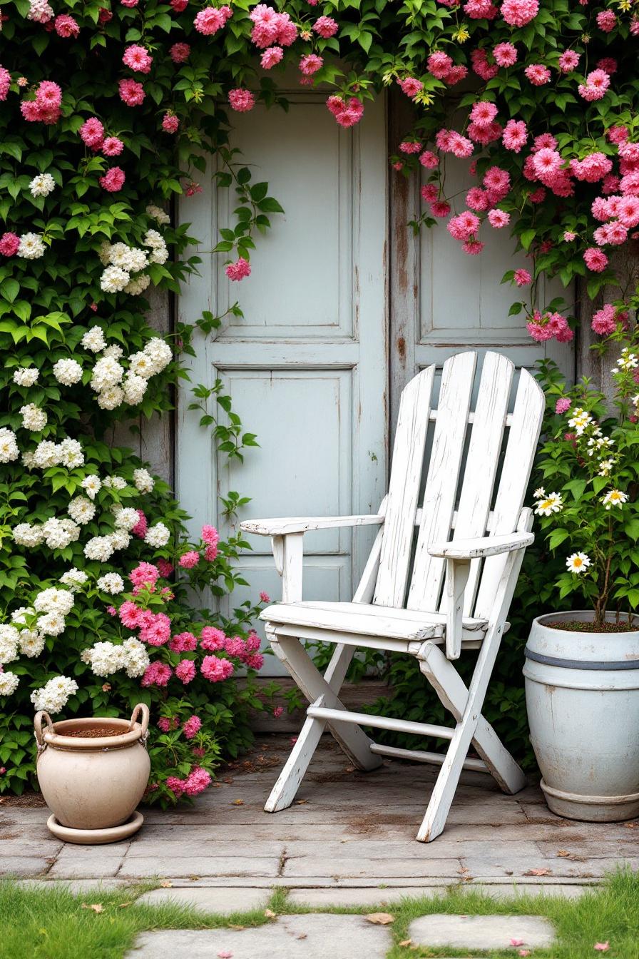 White chair surrounded by pink and white flowers