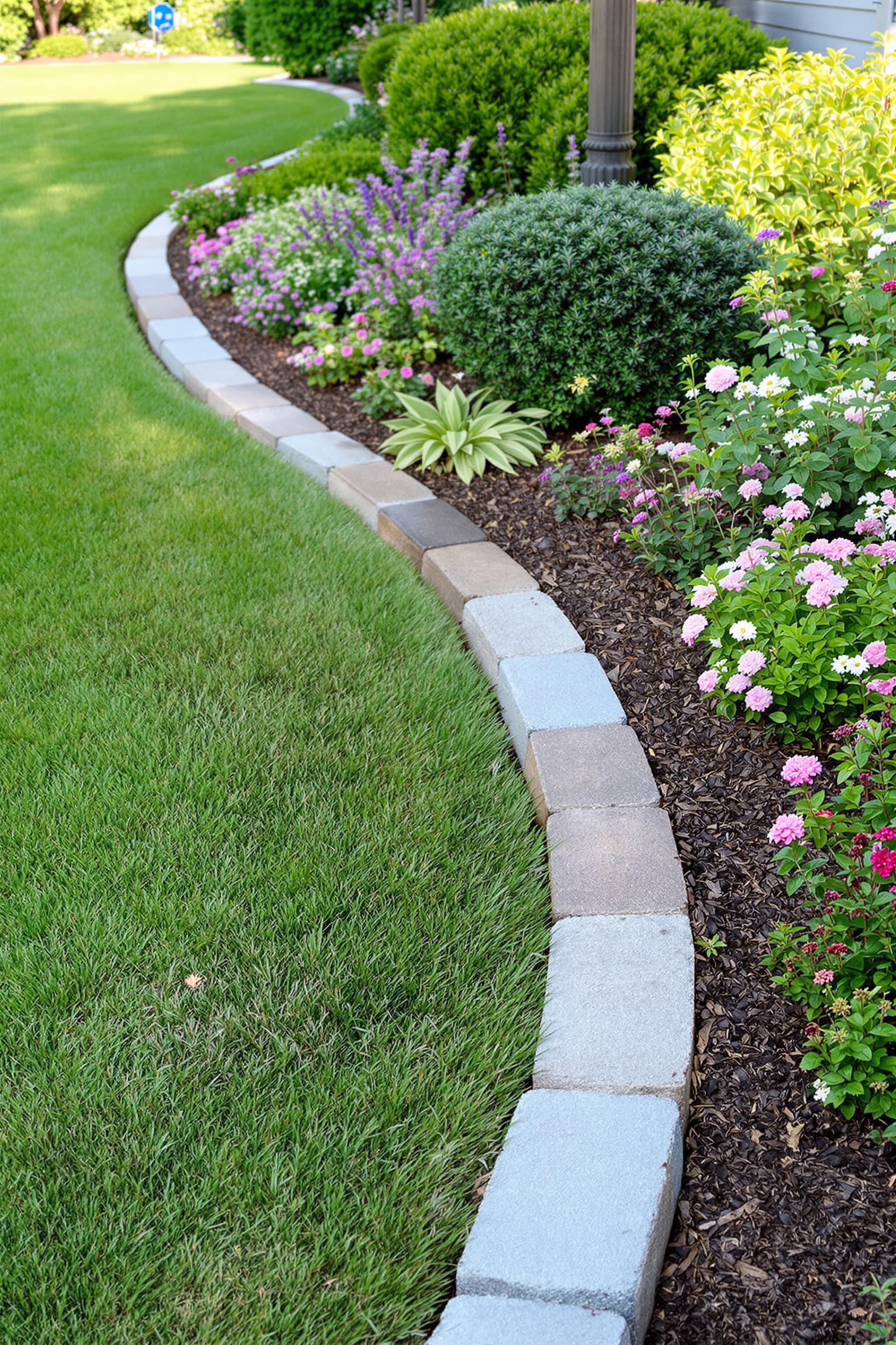 Colorful garden bed with stone edging and vibrant flowers