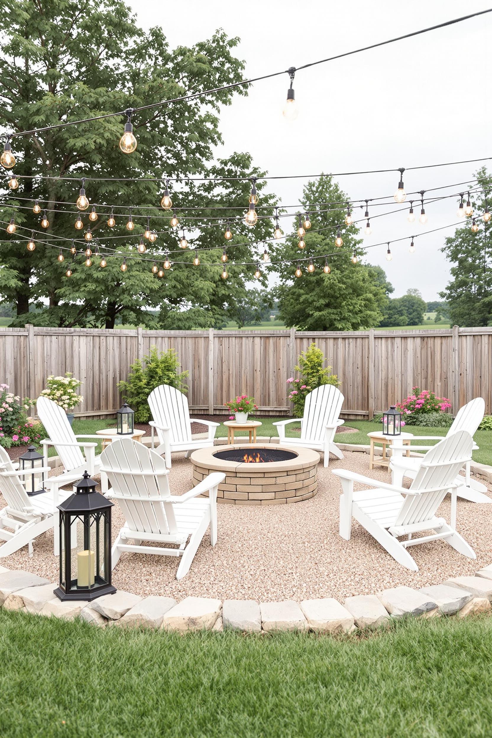 White wooden chairs around a fire pit with string lights above