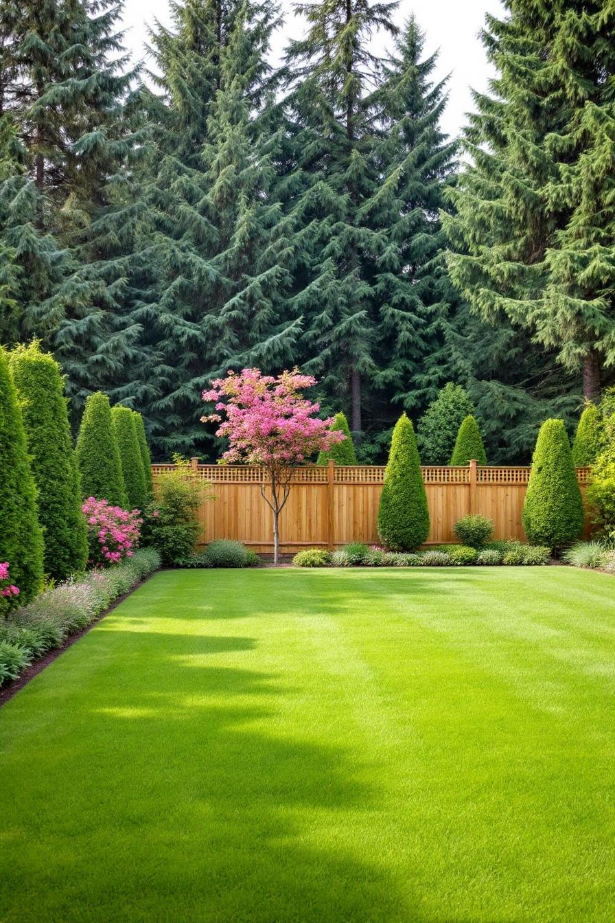 Lush green lawn with flowers and tall trees