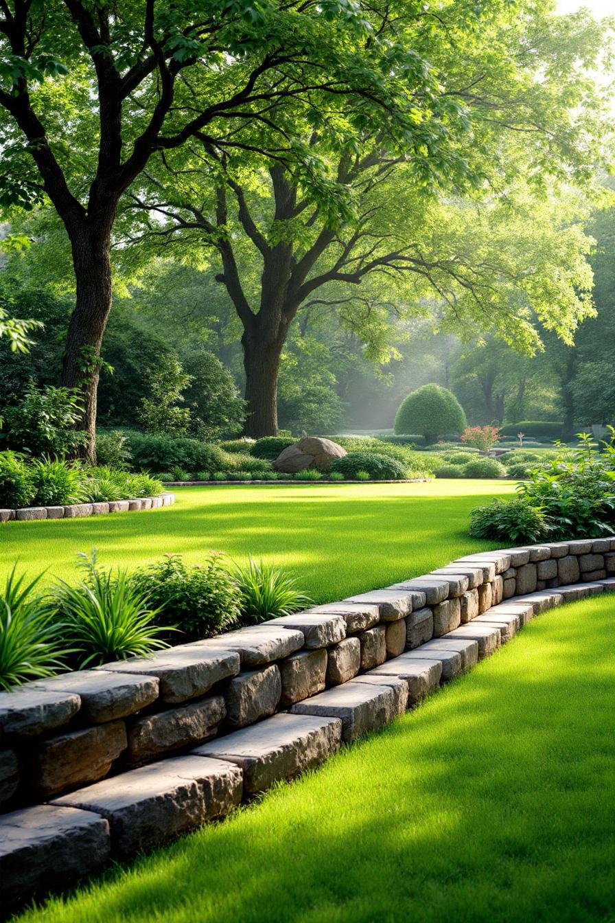 Terraced stone edging in a lush green garden with tall trees