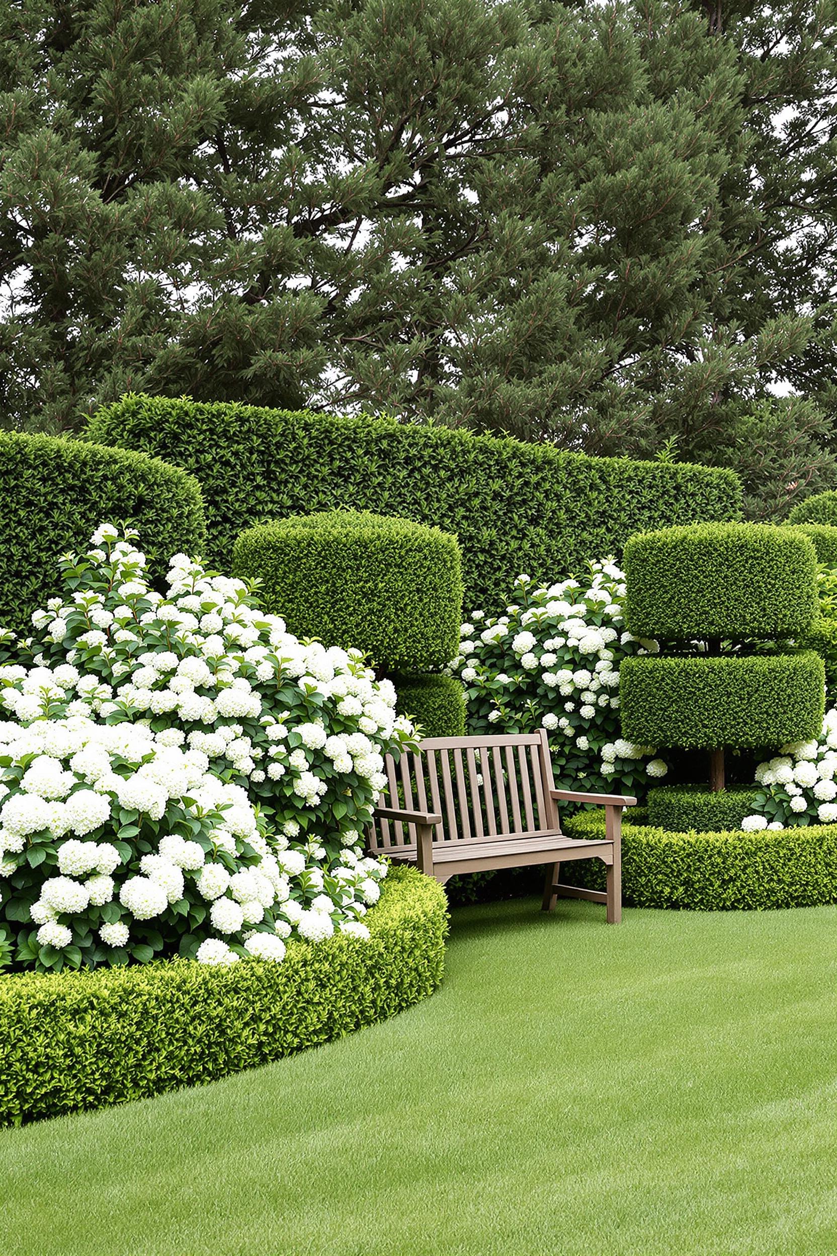 Wooden bench surrounded by lush green hedges and vibrant white blossoms