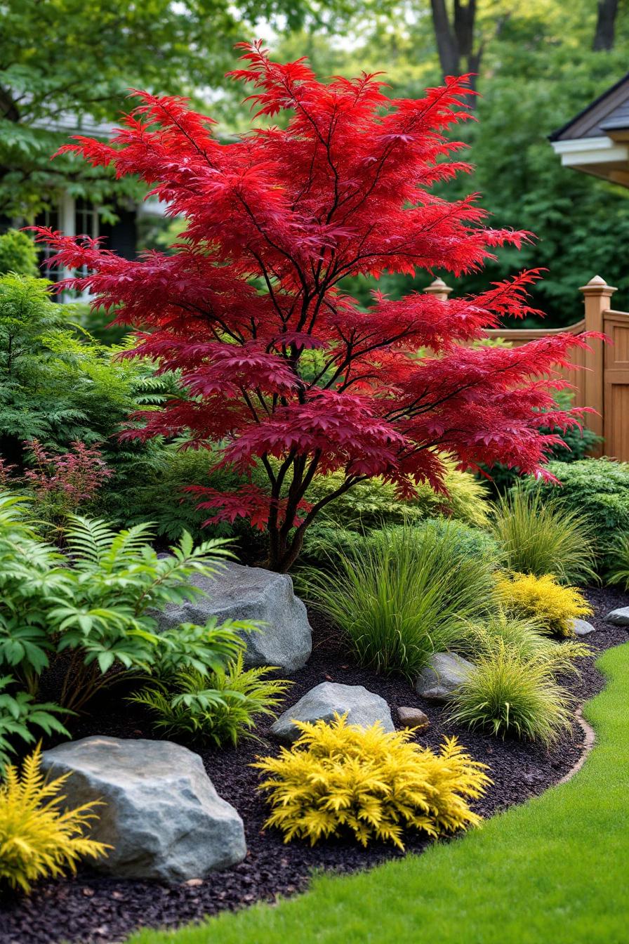 Japanese maple tree with vibrant red leaves in a lush garden setting