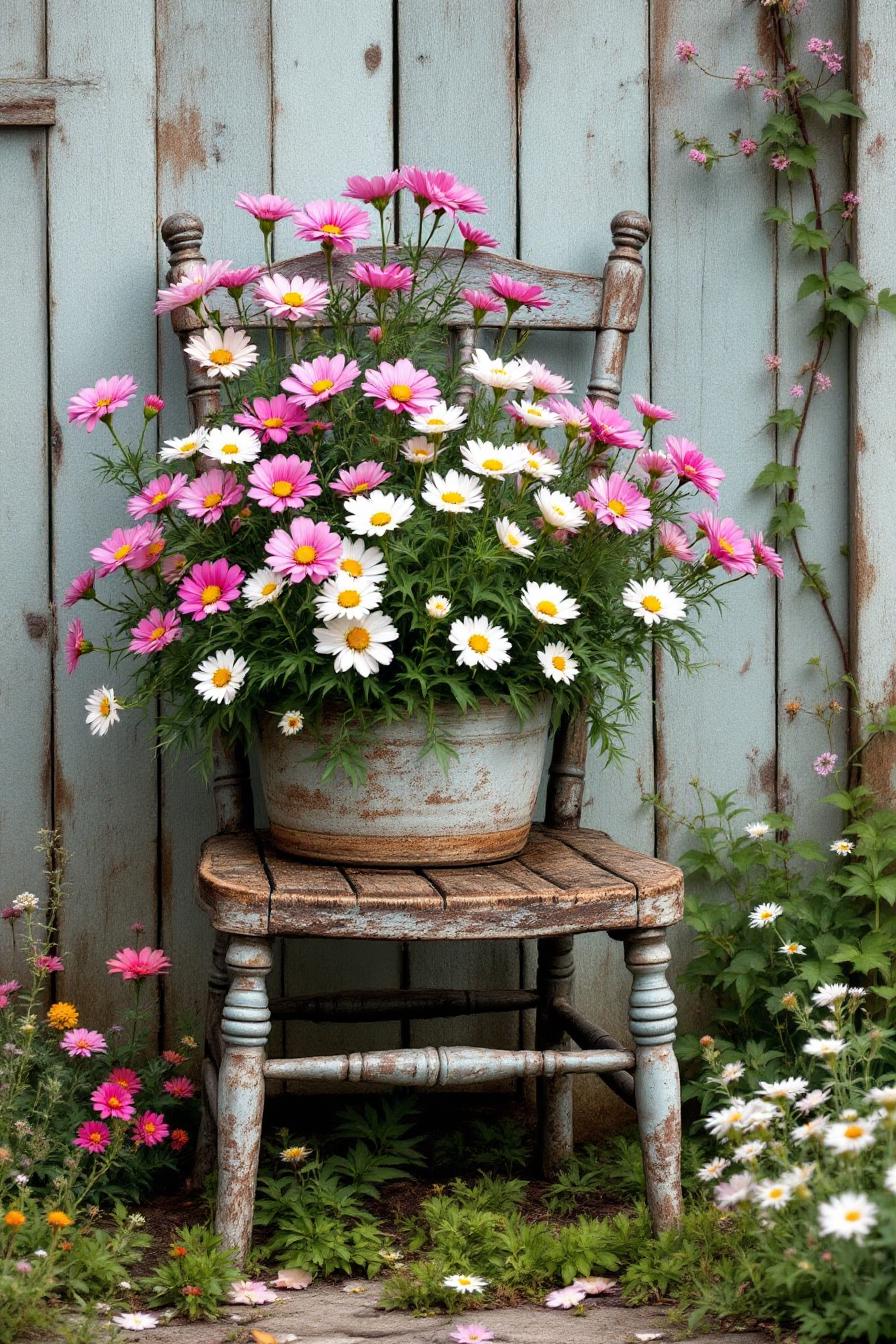 Weathered chair with blooming flowers
