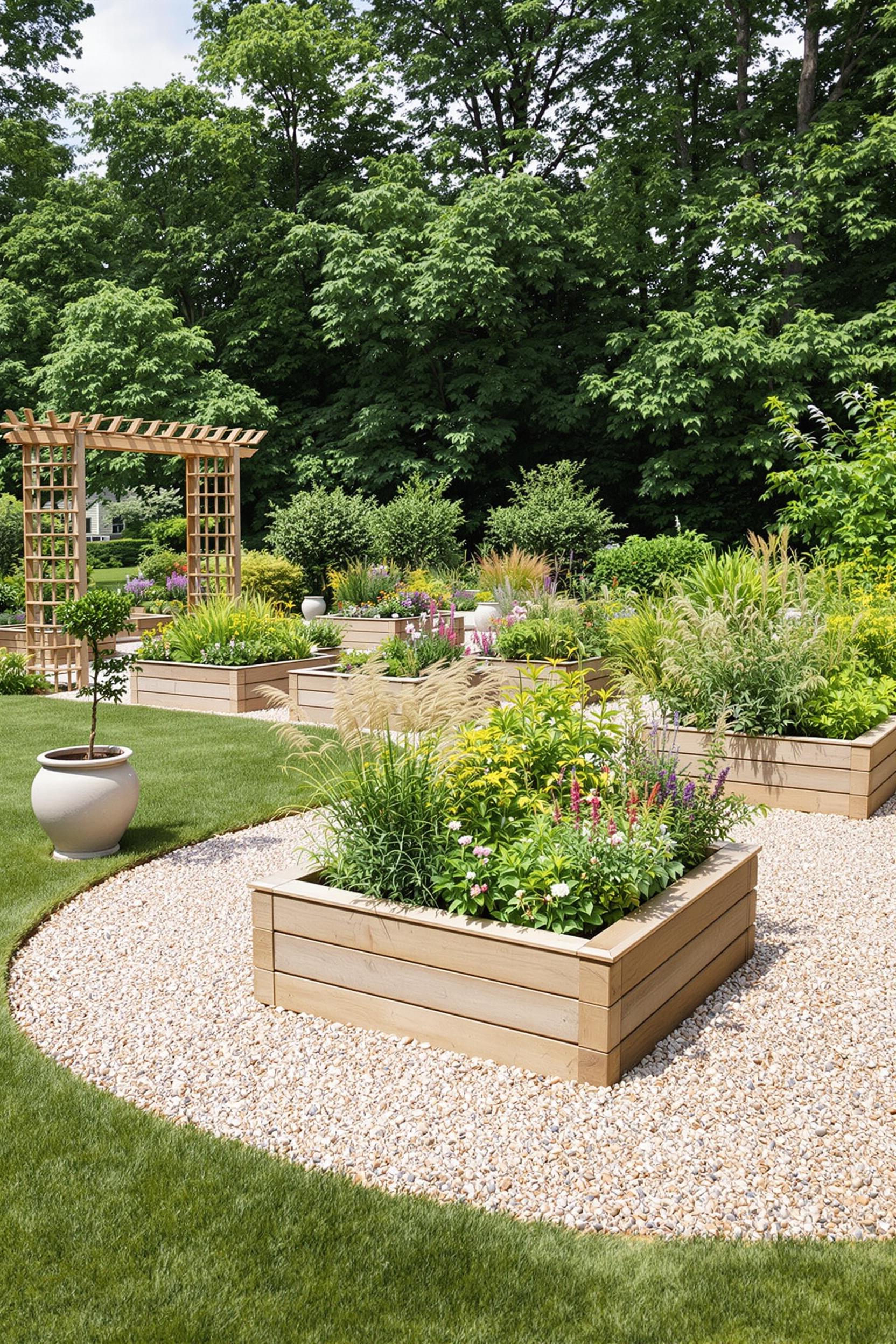Raised wooden garden beds with colorful plants