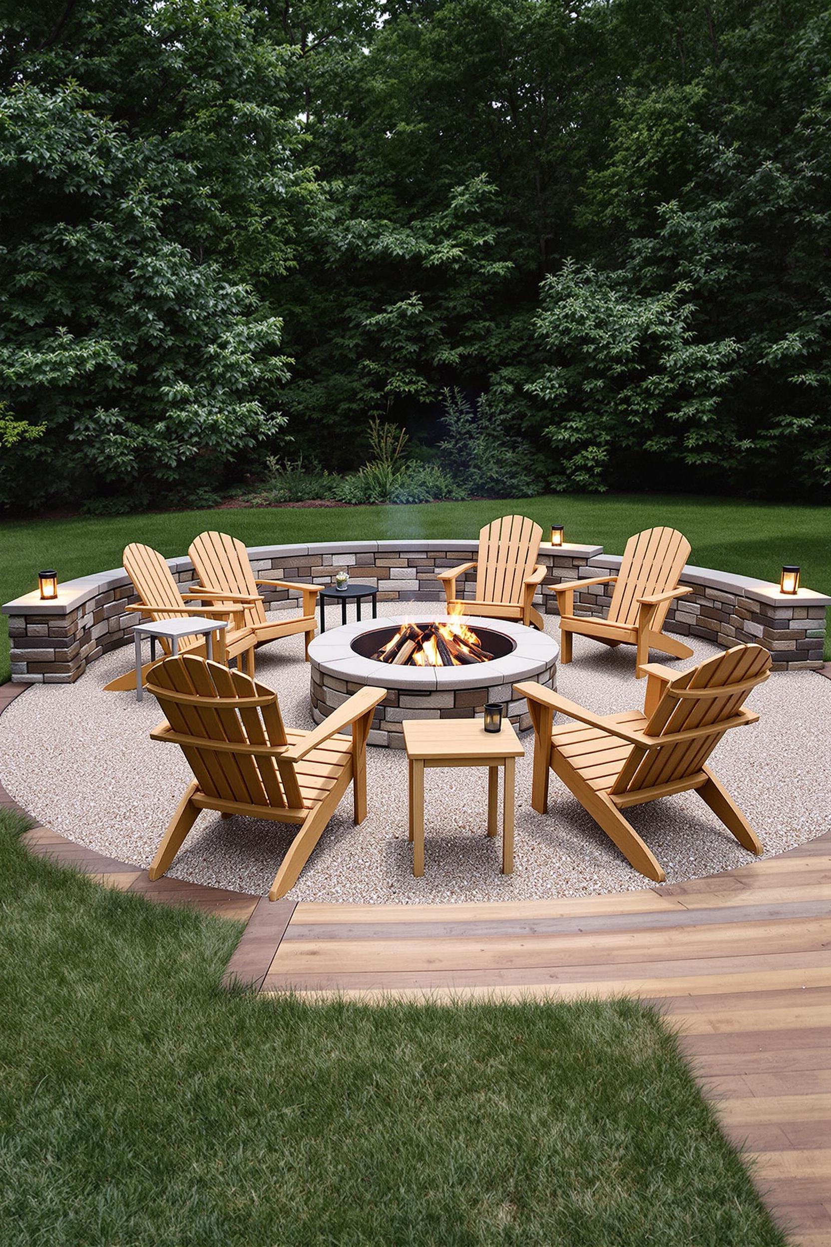 Cozy outdoor fire pit area with wooden chairs and lanterns