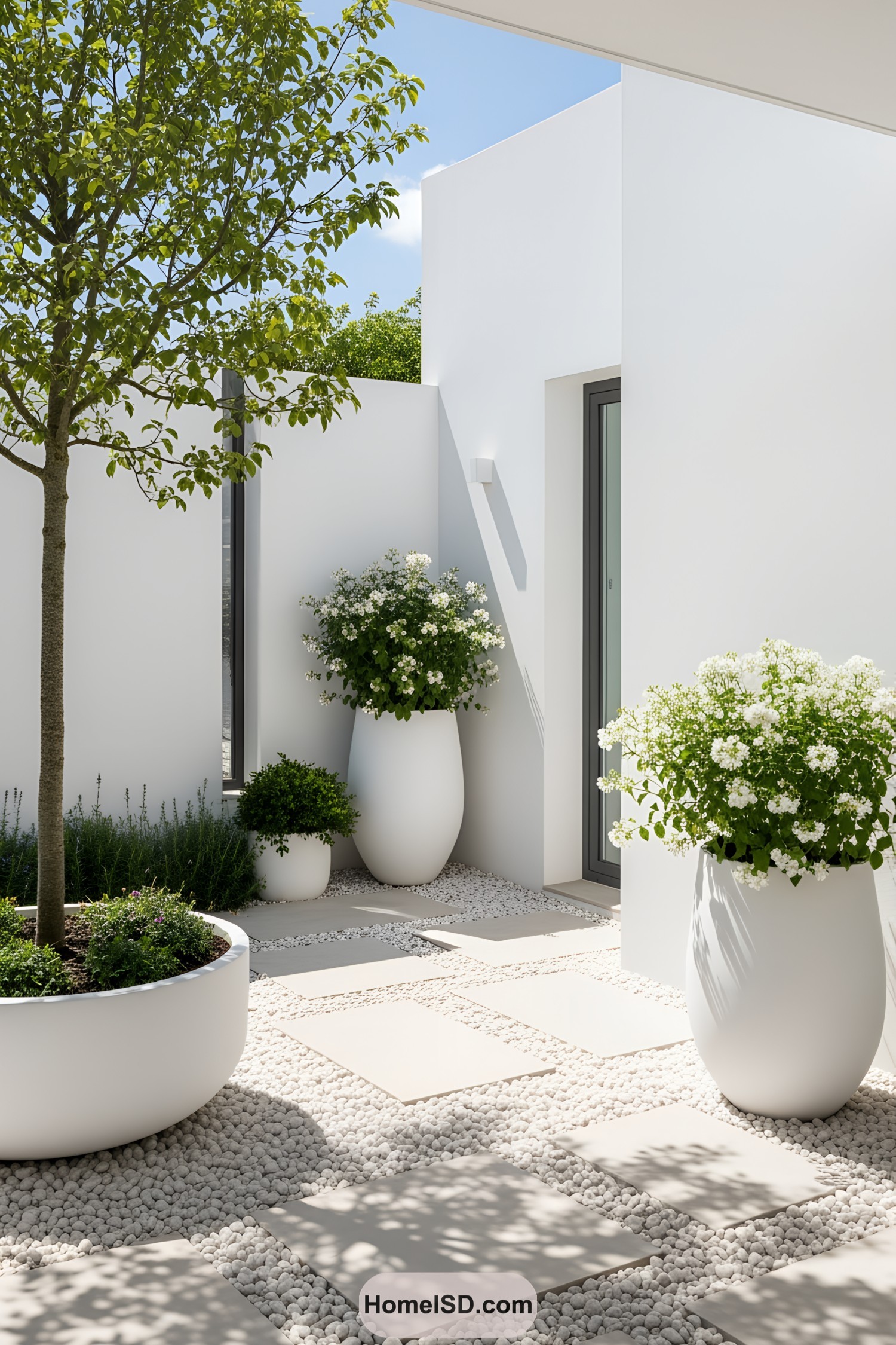 Elegant white pots and lush greenery in a minimalist garden