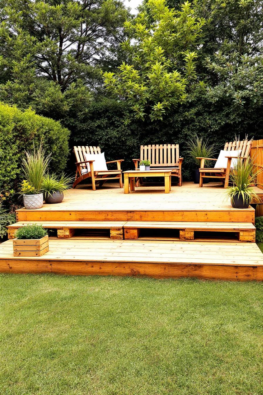 Wooden patio deck with seating and plants