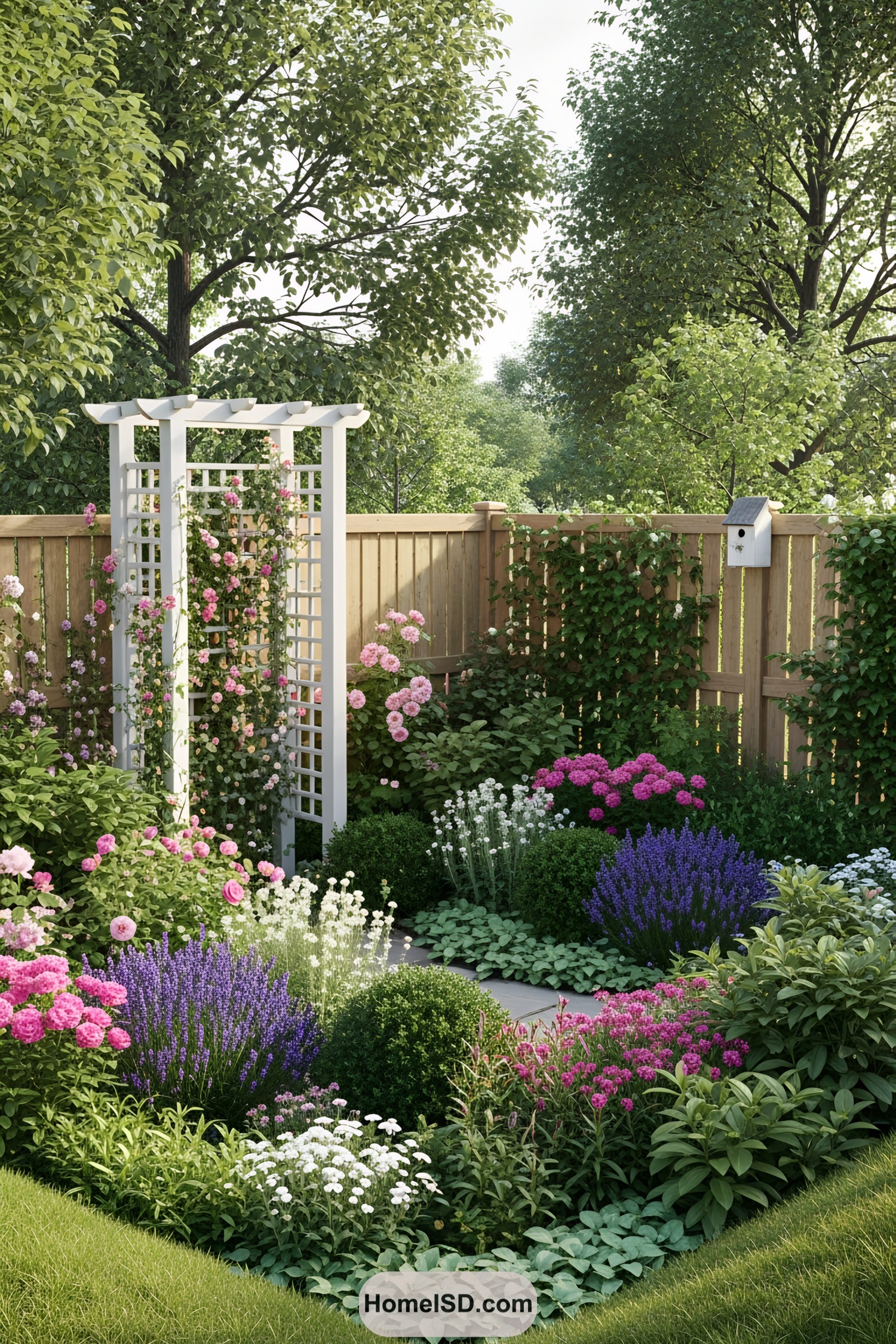 Colorful flowers and arched trellis in a cozy garden corner
