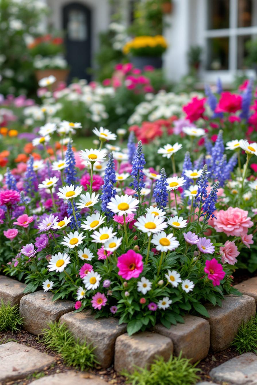 Colorful flowers bordered by stone blocks