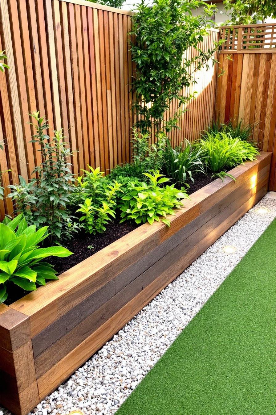 Wooden planter with lush greenery and stone pebbles