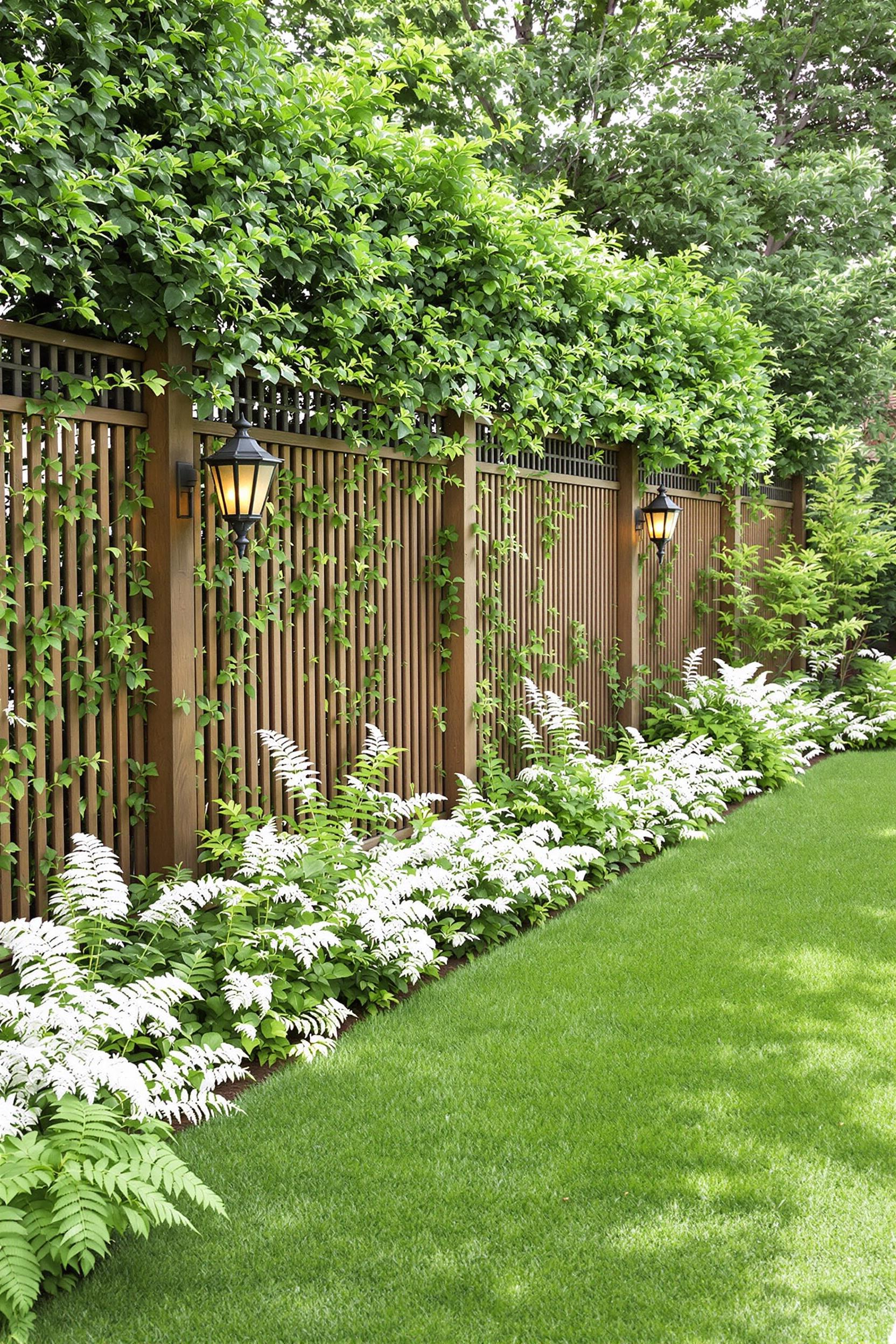 Wooden fence adorned with greenery and white flowers