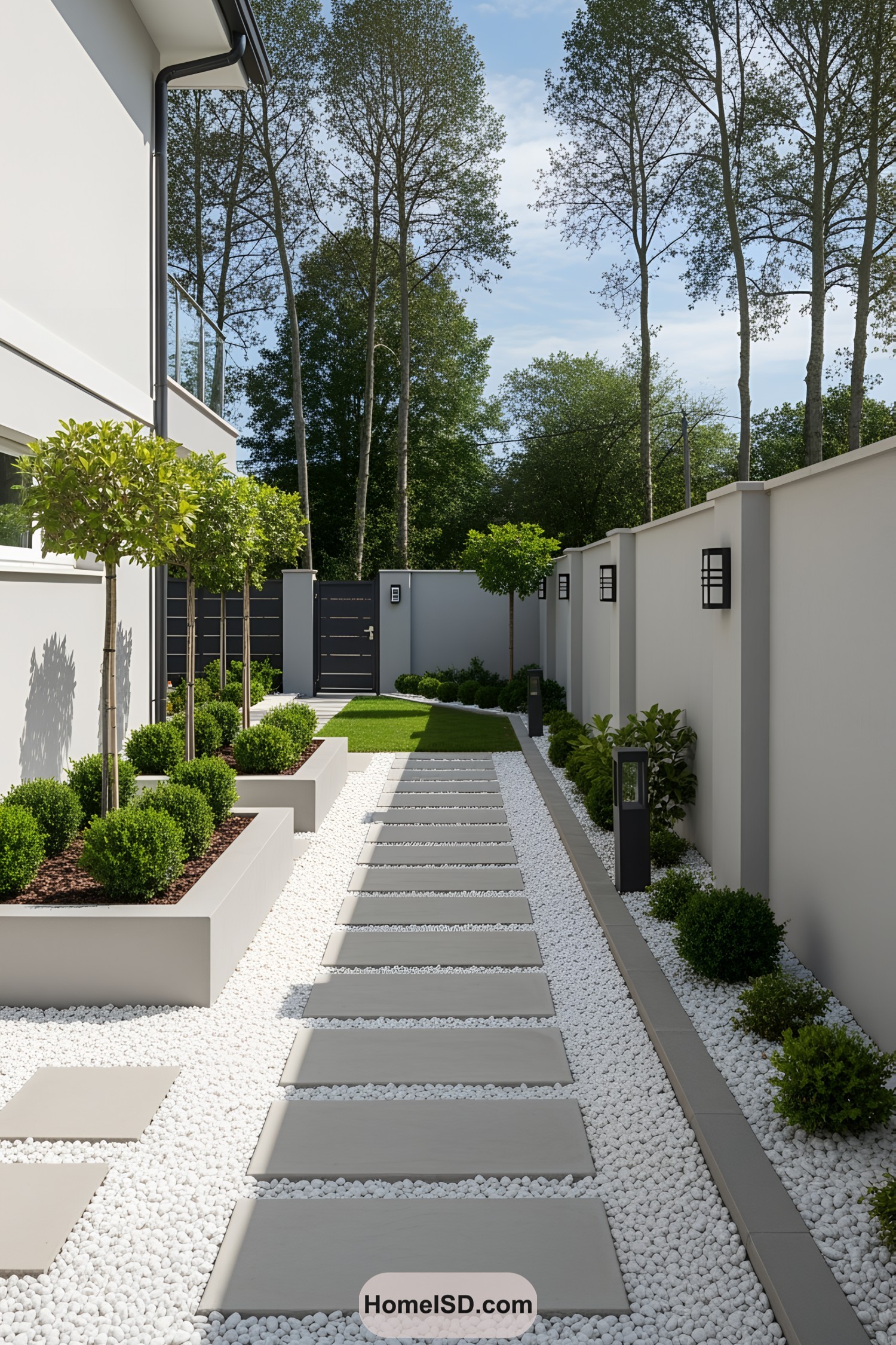 Modern garden with stone path and greenery