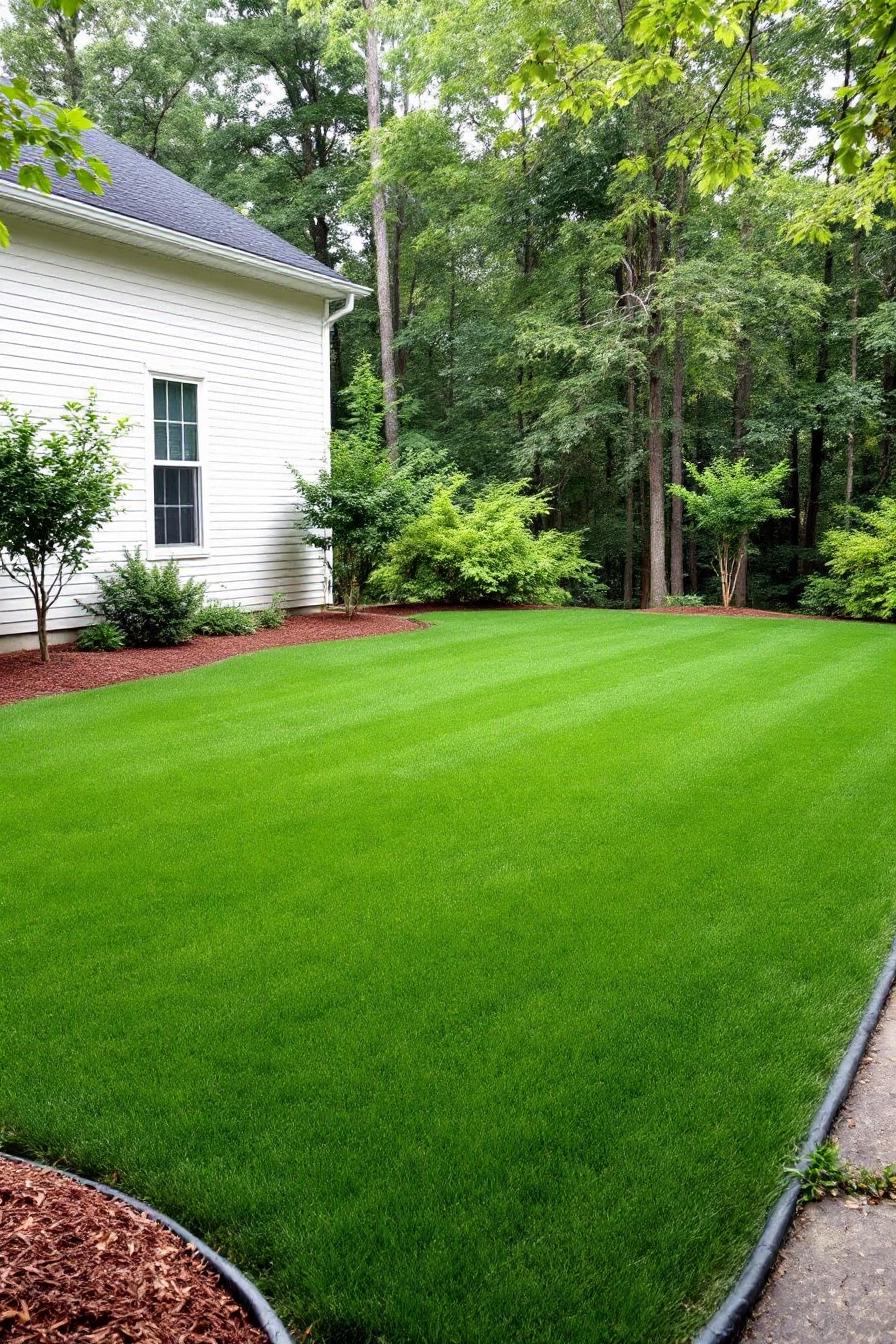 Emerald green lawn bordering a forest backdrop