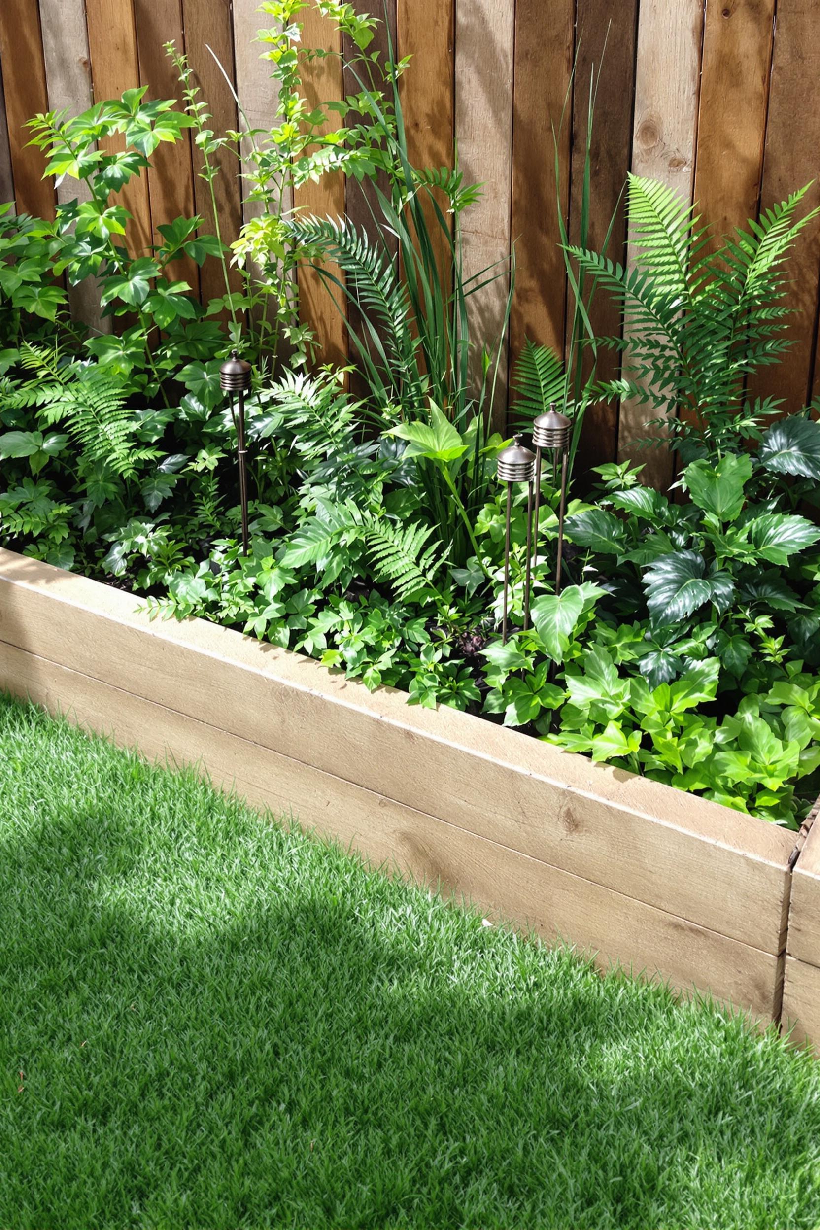 Lush garden bed with wooden edging and vibrant greenery