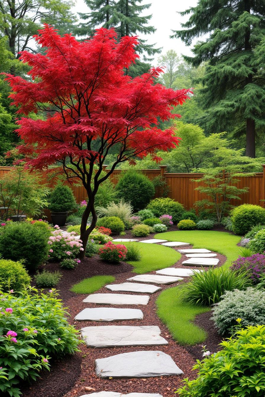 Japanese maple tree with vivid red leaves in a well-manicured garden