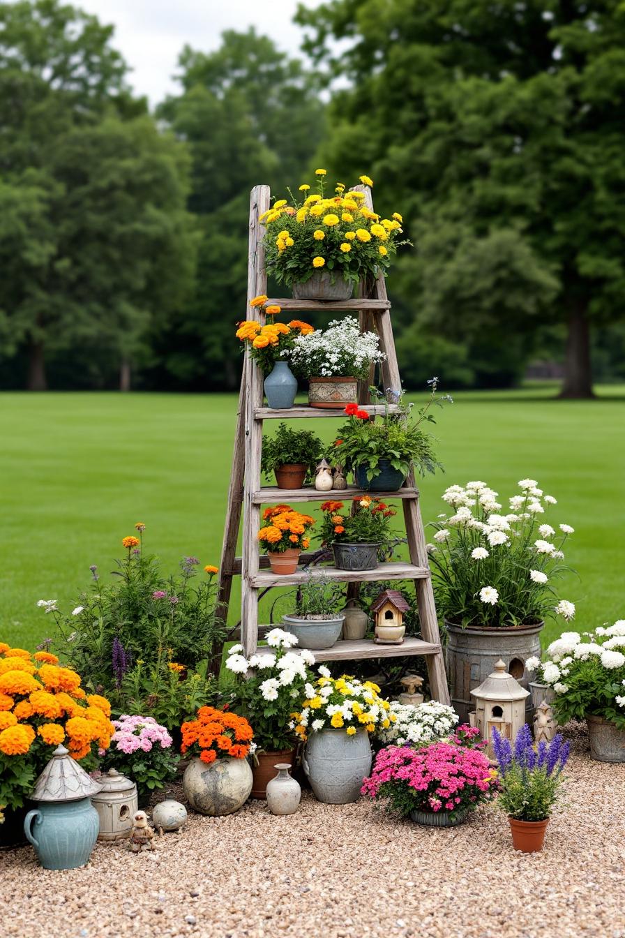 Wooden ladder with flower pots in a vibrant garden setting