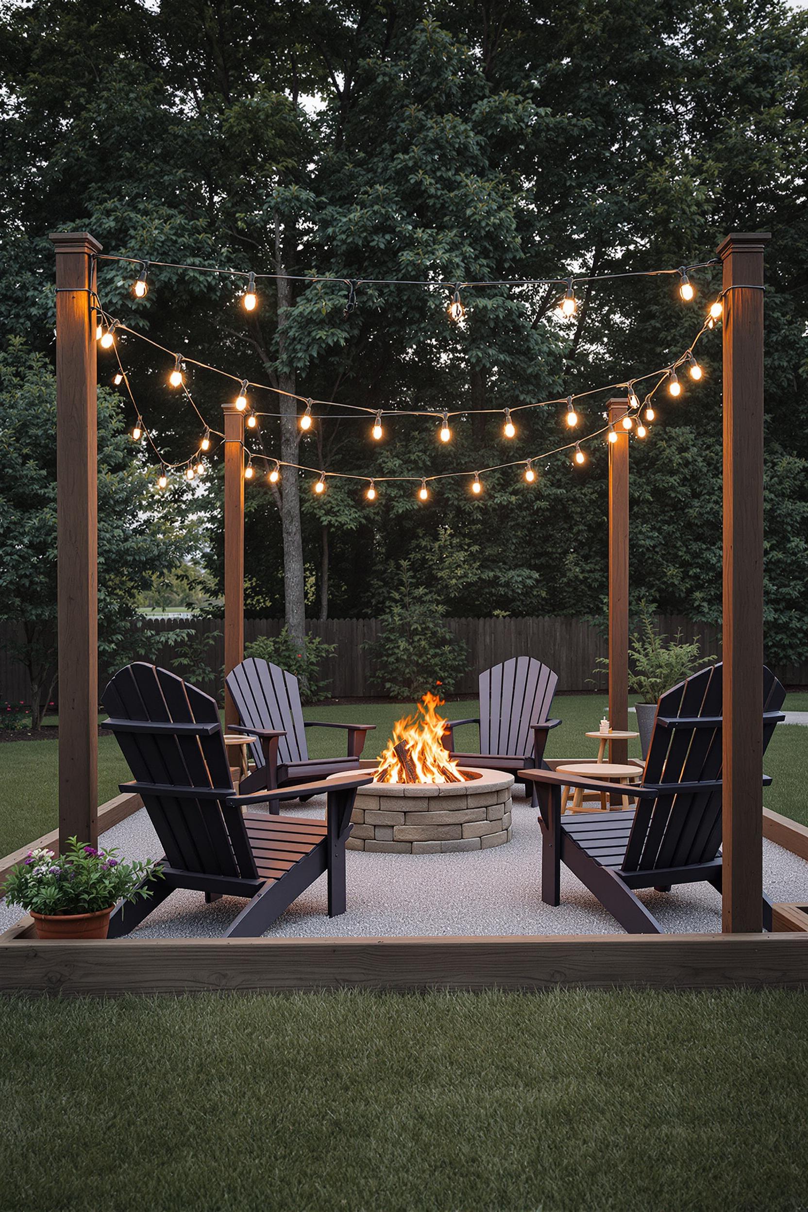 Outdoor fire pit area with string lights and Adirondack chairs