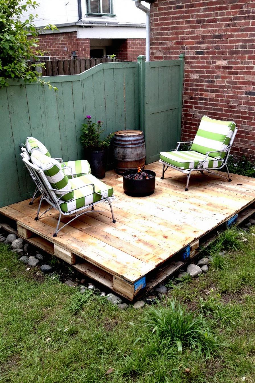 Charming pallet patio with green-striped chairs and cozy fire pit