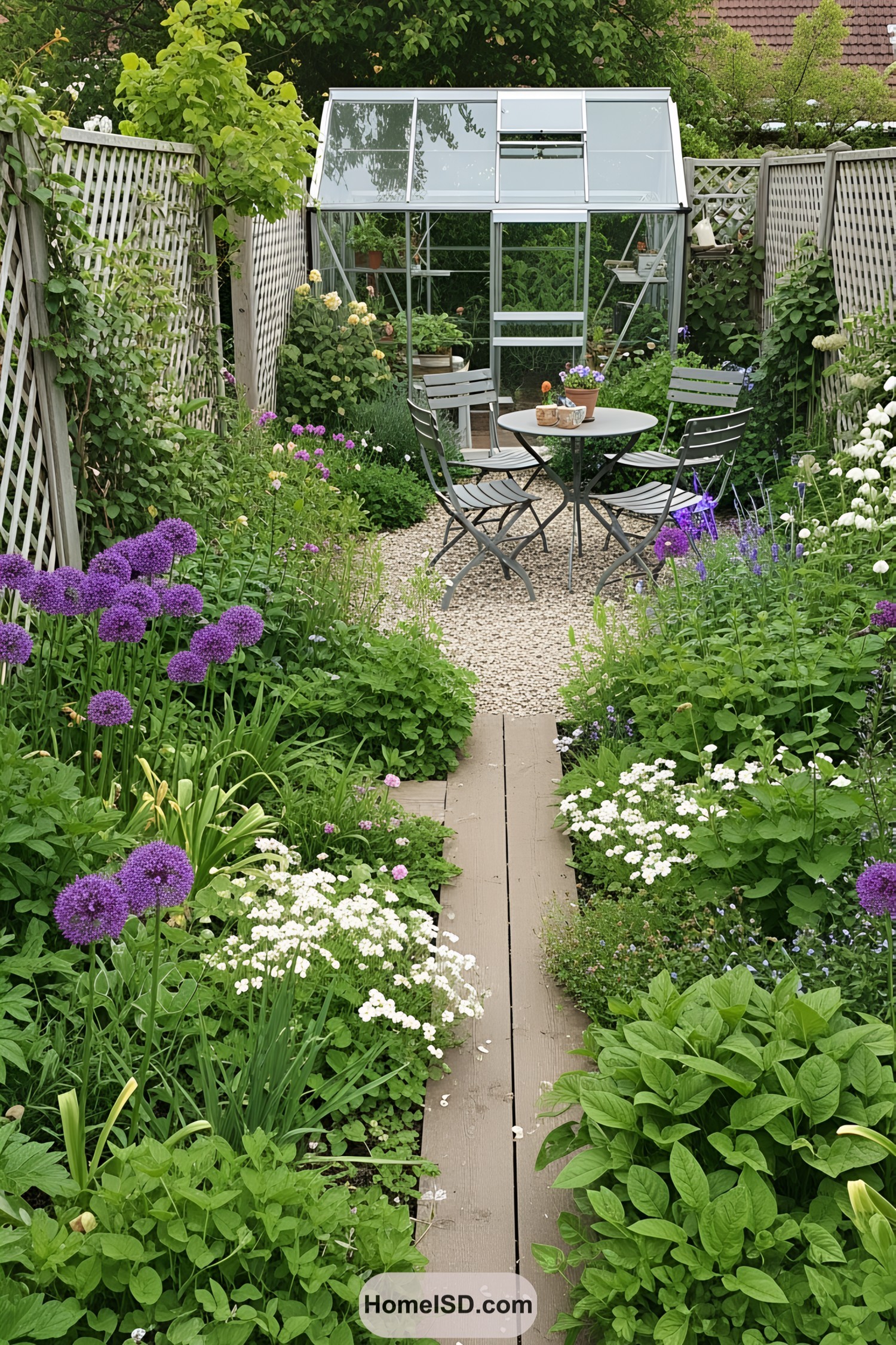 Charming small cottage garden with a greenhouse and vibrant flowers