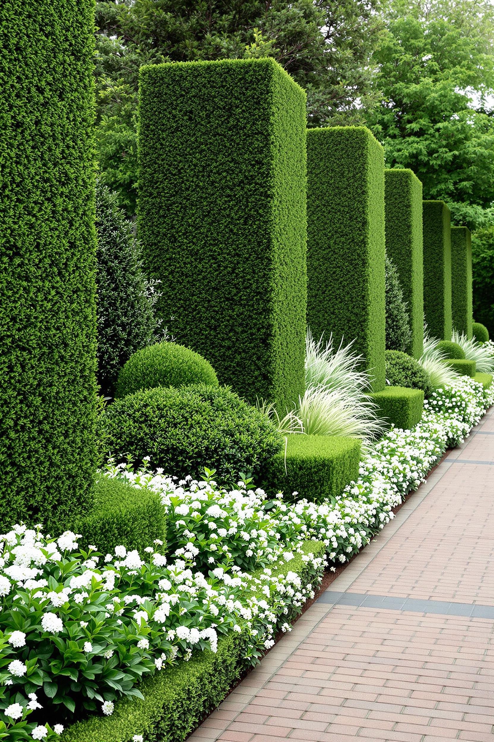 Tall green hedges and white blossoms line a brick path