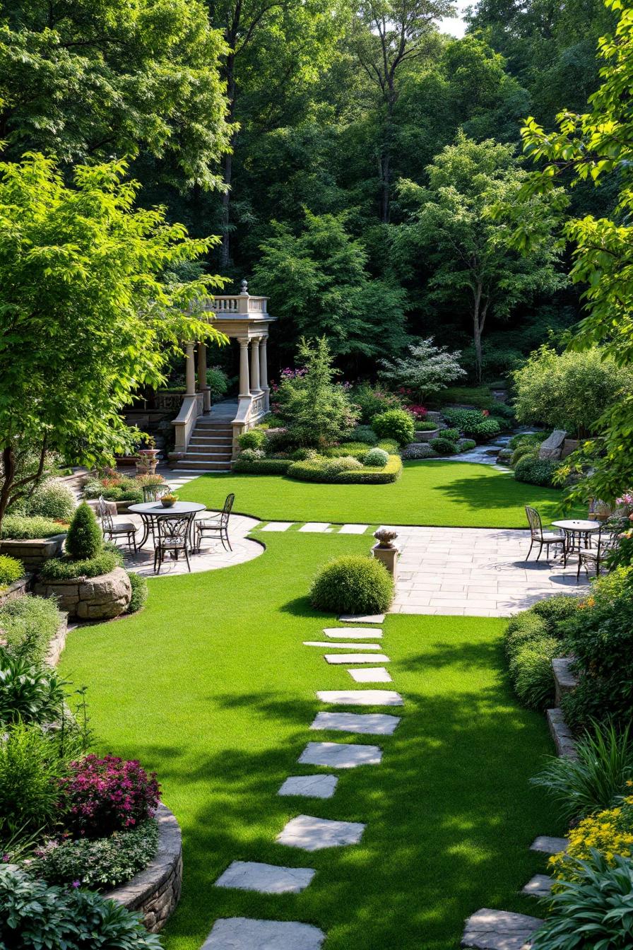 Lush garden with stepping stones and seating area