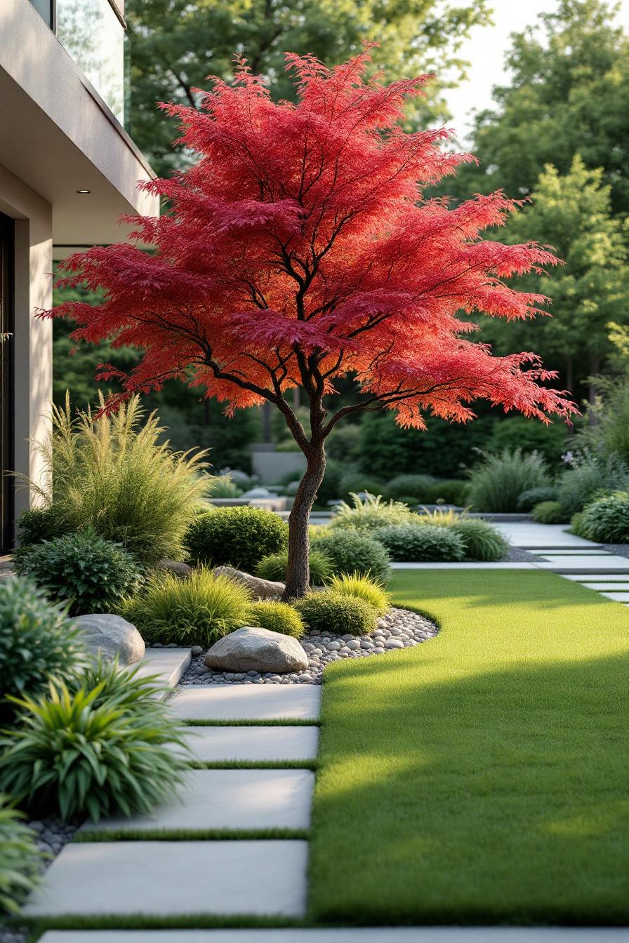A dazzling Japanese maple in a serene garden landscape