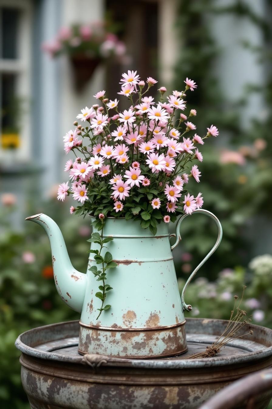 A rusty kettle with pink daisies in a garden setting