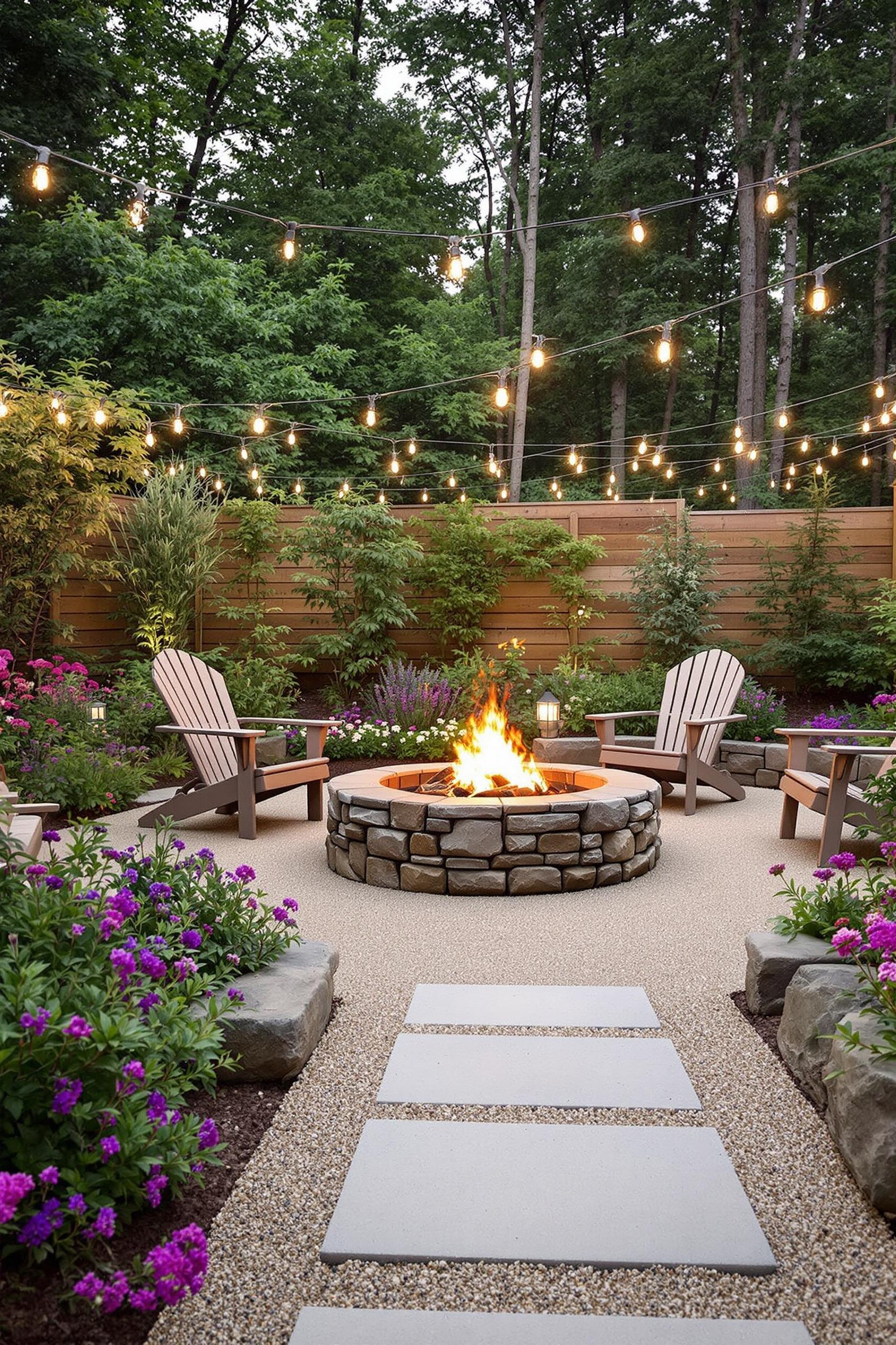 A cozy fire pit surrounded by Adirondack chairs, garden greenery, and string lights