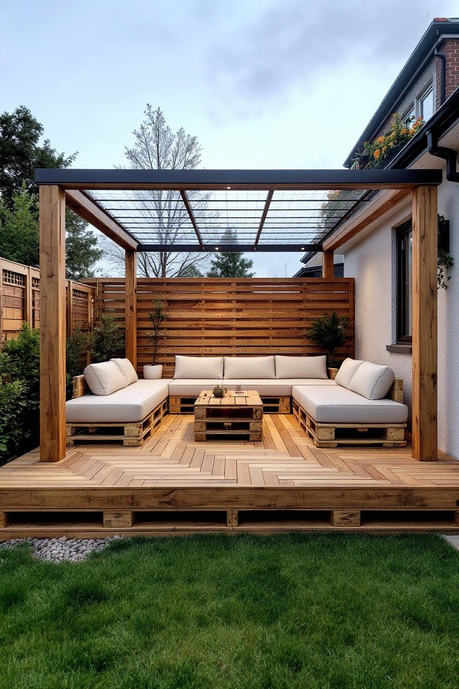 Relaxing patio deck with pallet wood furniture under a pergola