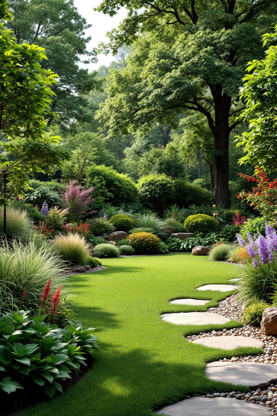 Lush garden with vibrant plants and a stone pathway