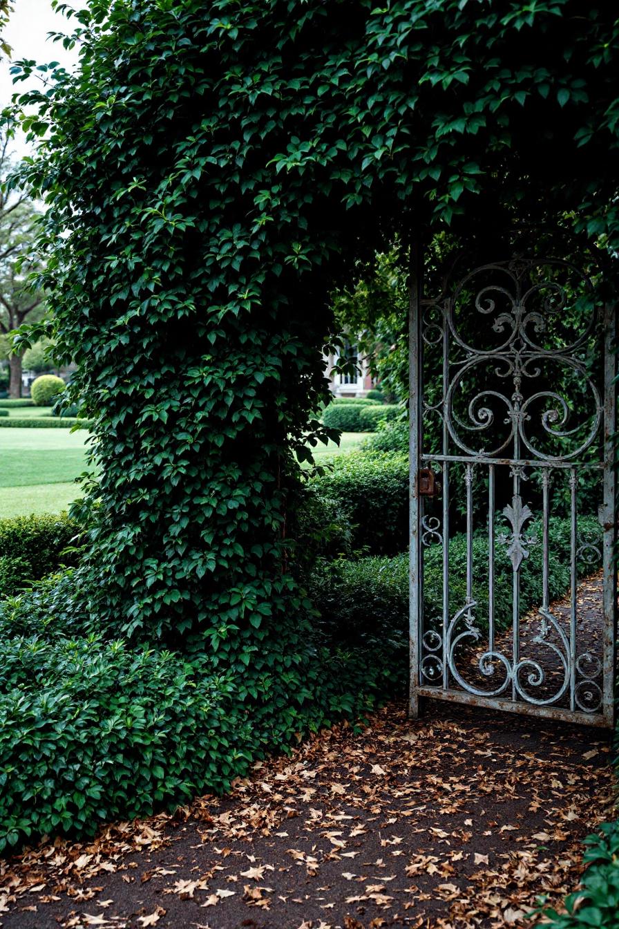 Vintage gate under lush vines inviting exploration