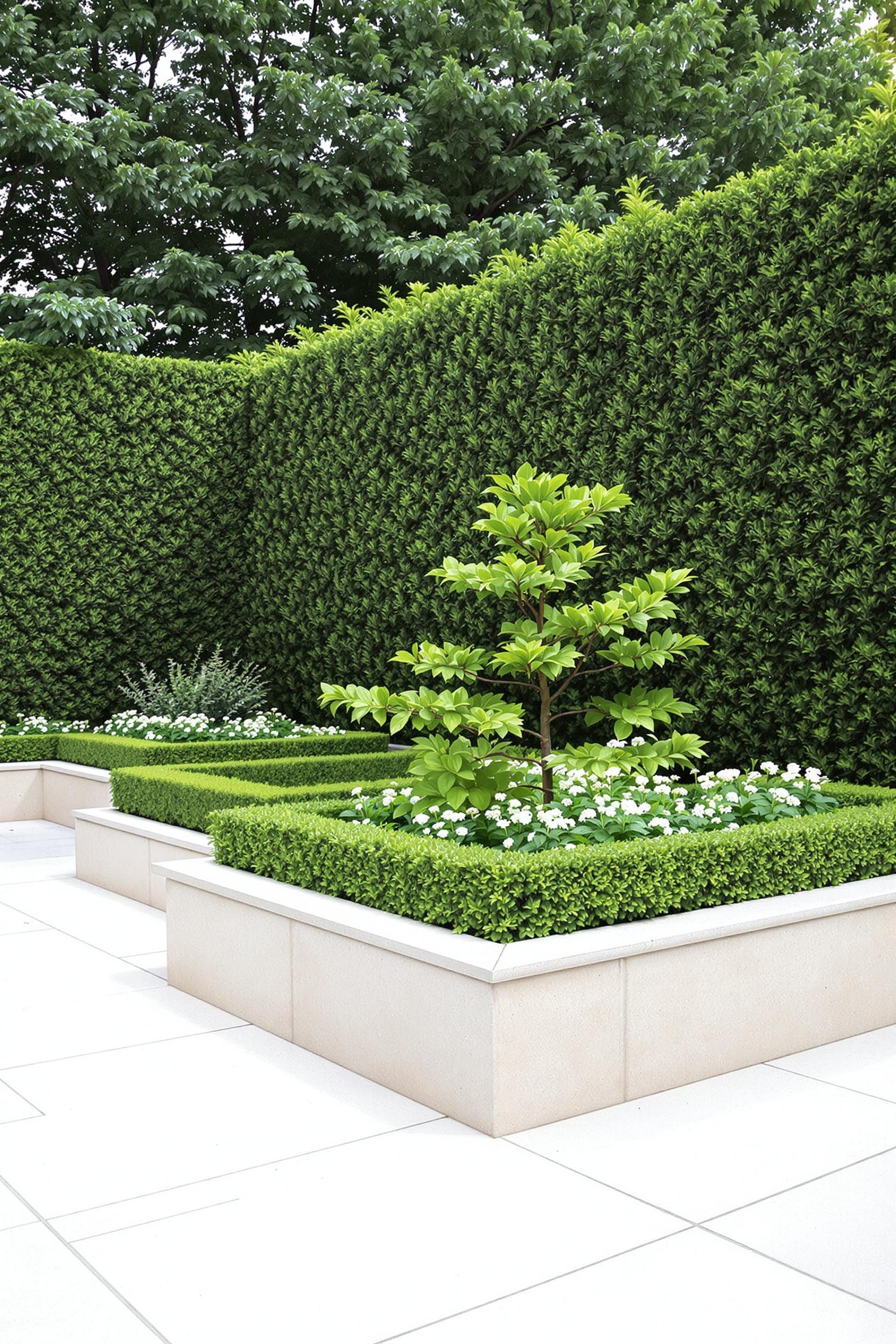 Lush garden beds with white flowers and hedges
