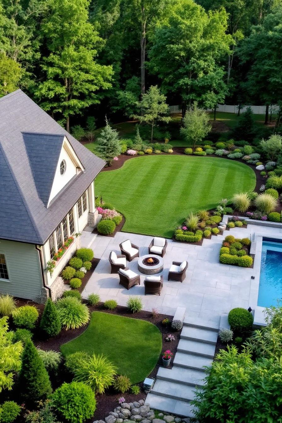 Spacious garden with a fire pit, seating, and pool