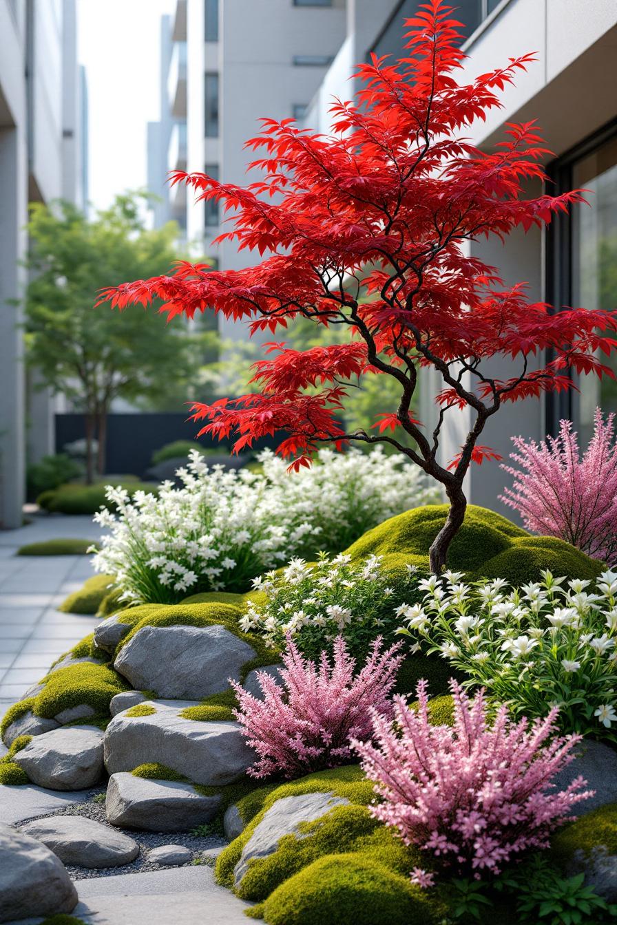 Japanese maple tree surrounded by lush greenery and colorful flowers