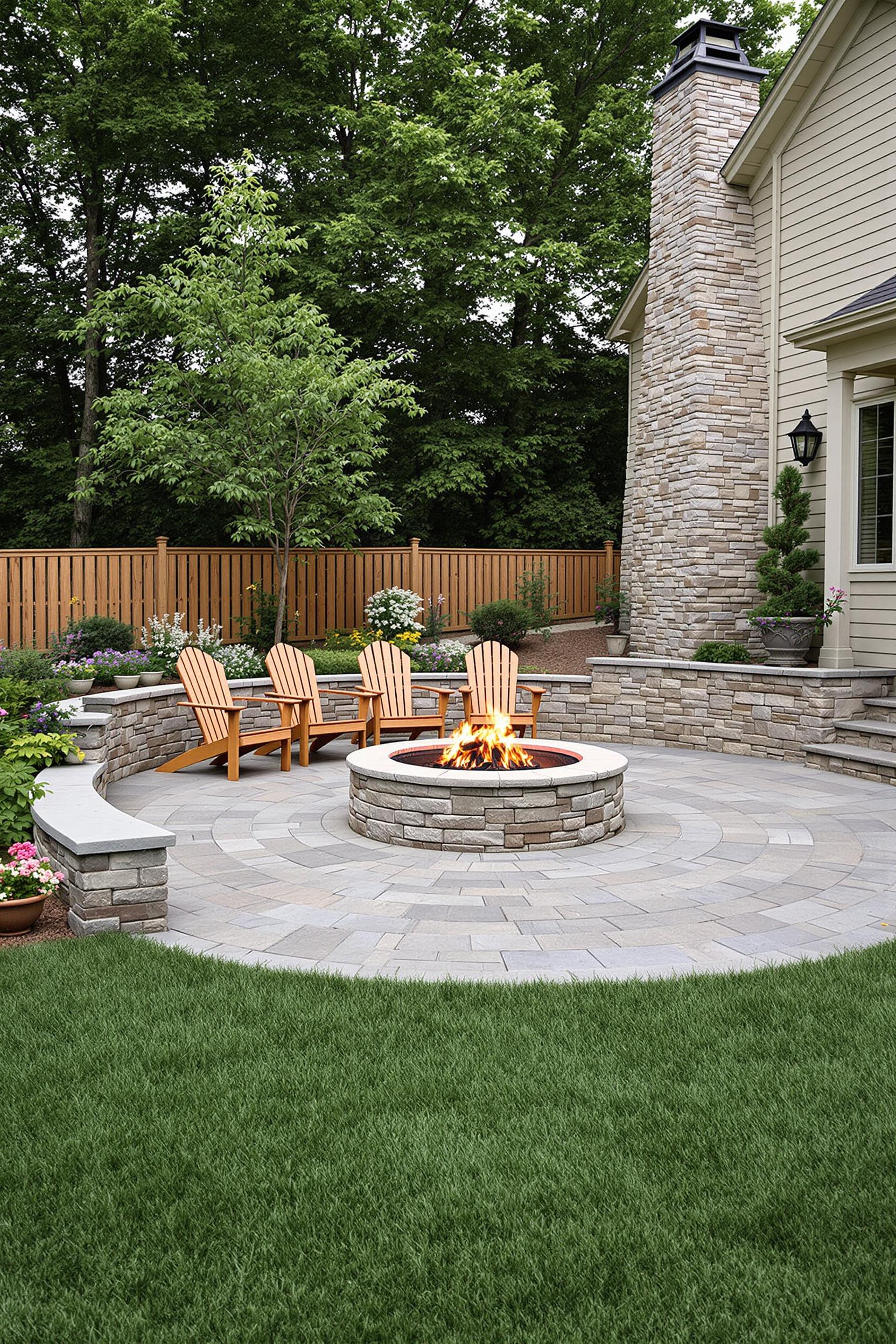 Outdoor fire pit with stone seating and chairs around it