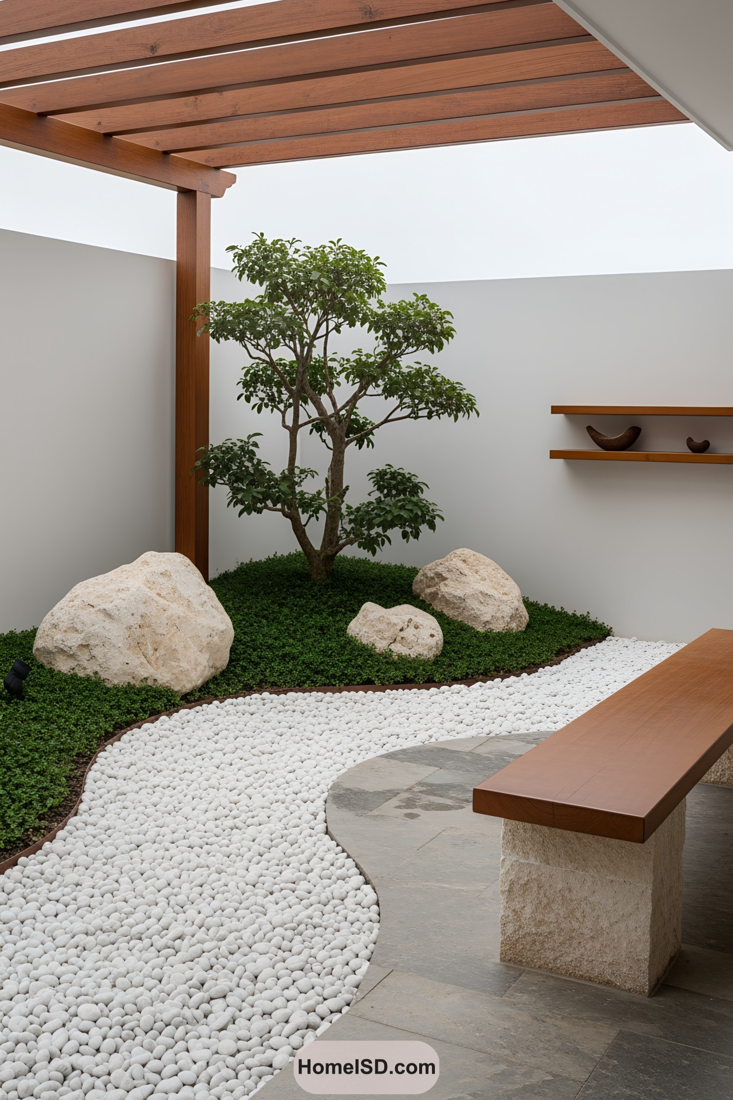 A tranquil garden with white stones and a central tree