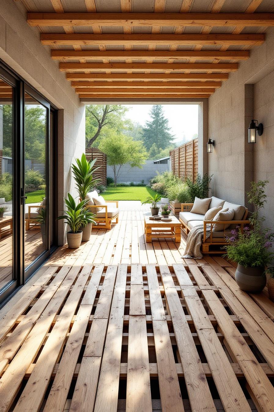 A charming patio deck made from pallet wood with cozy seating and lush plants