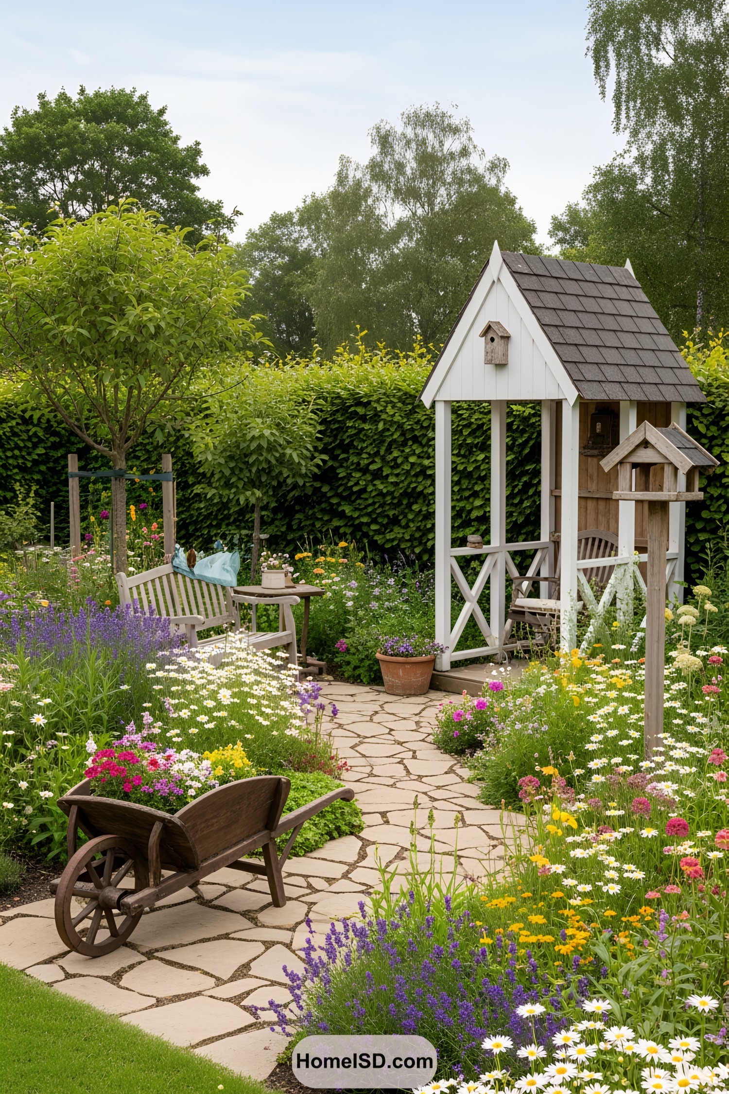 Rustic wheelbarrow surrounded by colorful blooms