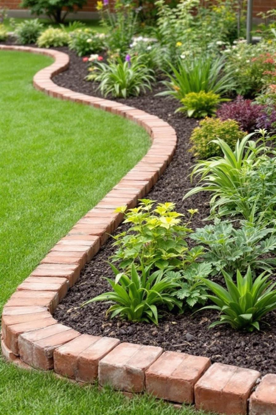 Brick border curving around lush garden plants