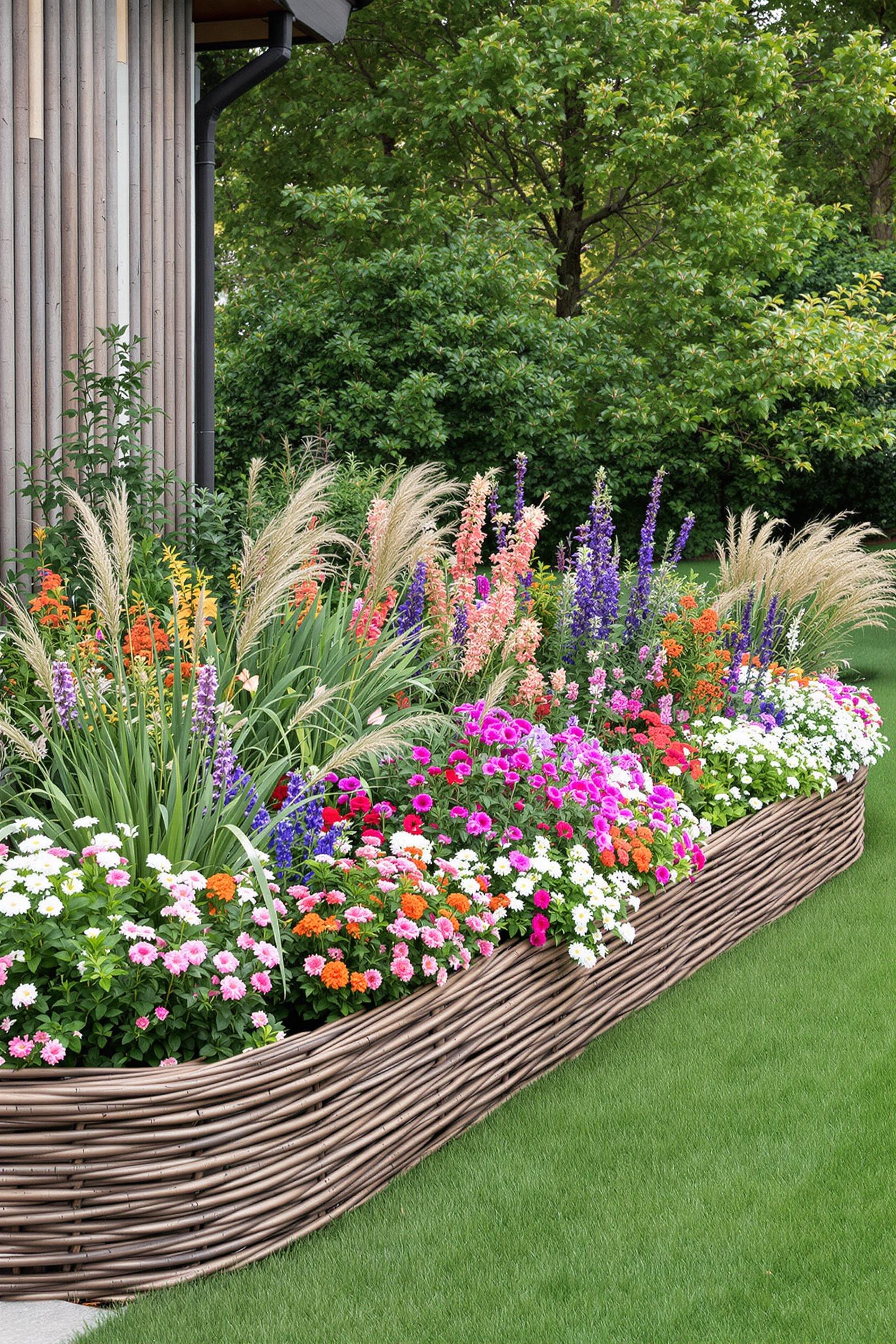 Colorful garden bed with woven wooden edging