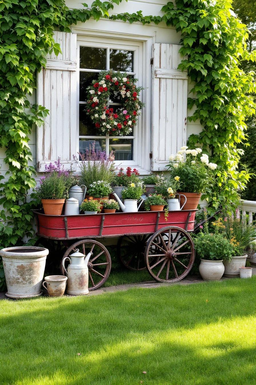 Vintage wagon with colorful flowers and greenery by a quaint window