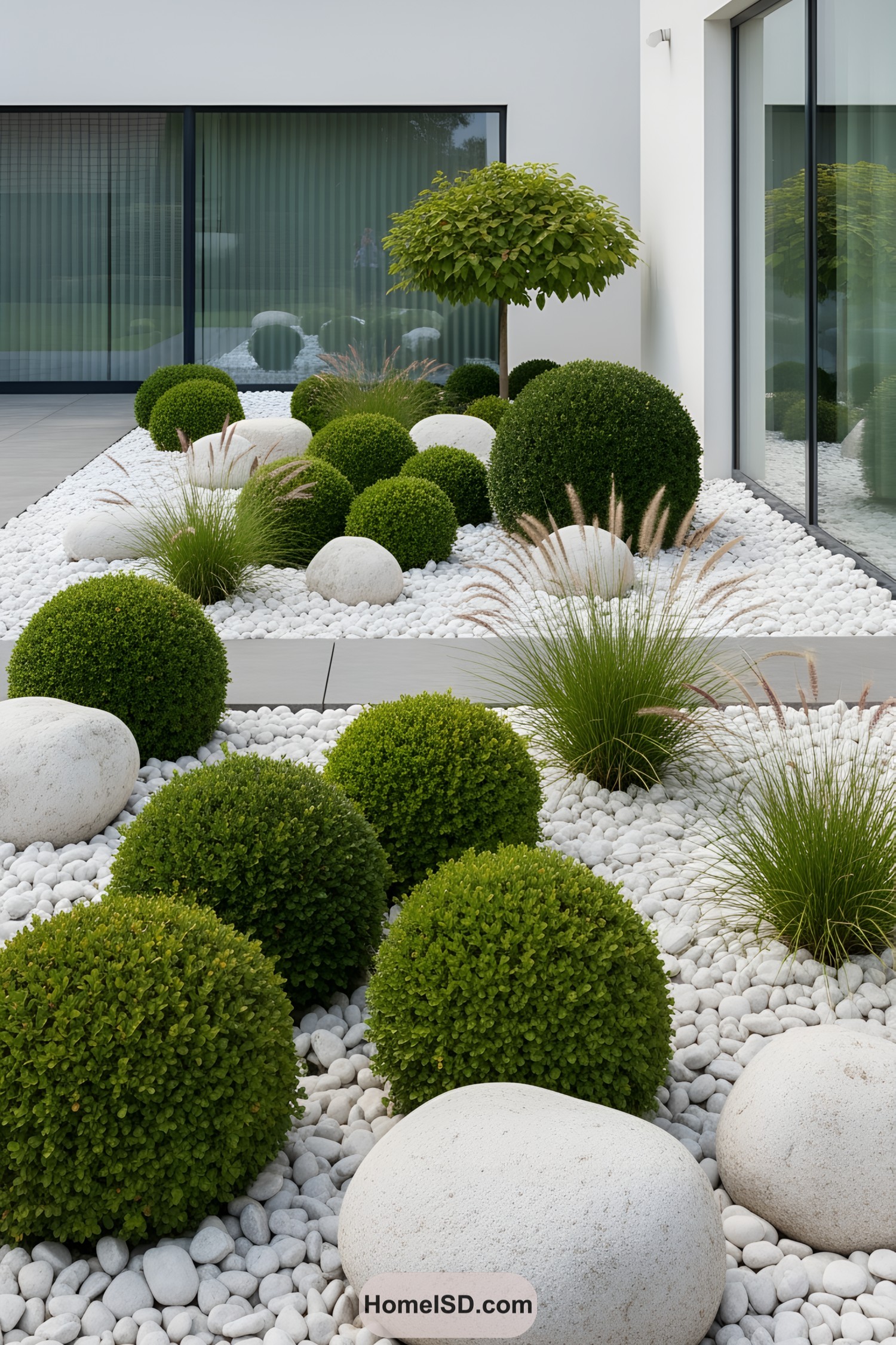 Spherical bushes pop against a pebble path