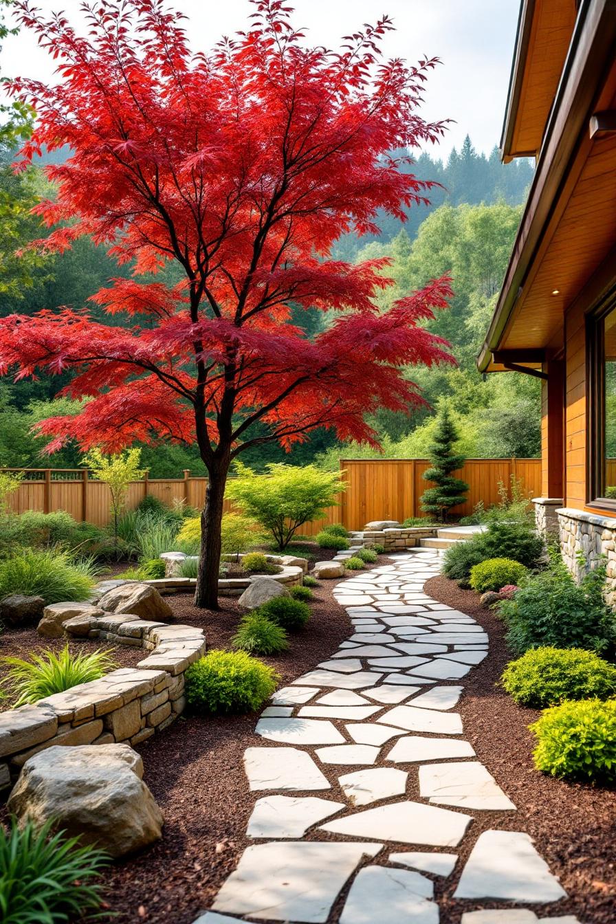 Japanese maple tree with bright red leaves and a stone path in a garden